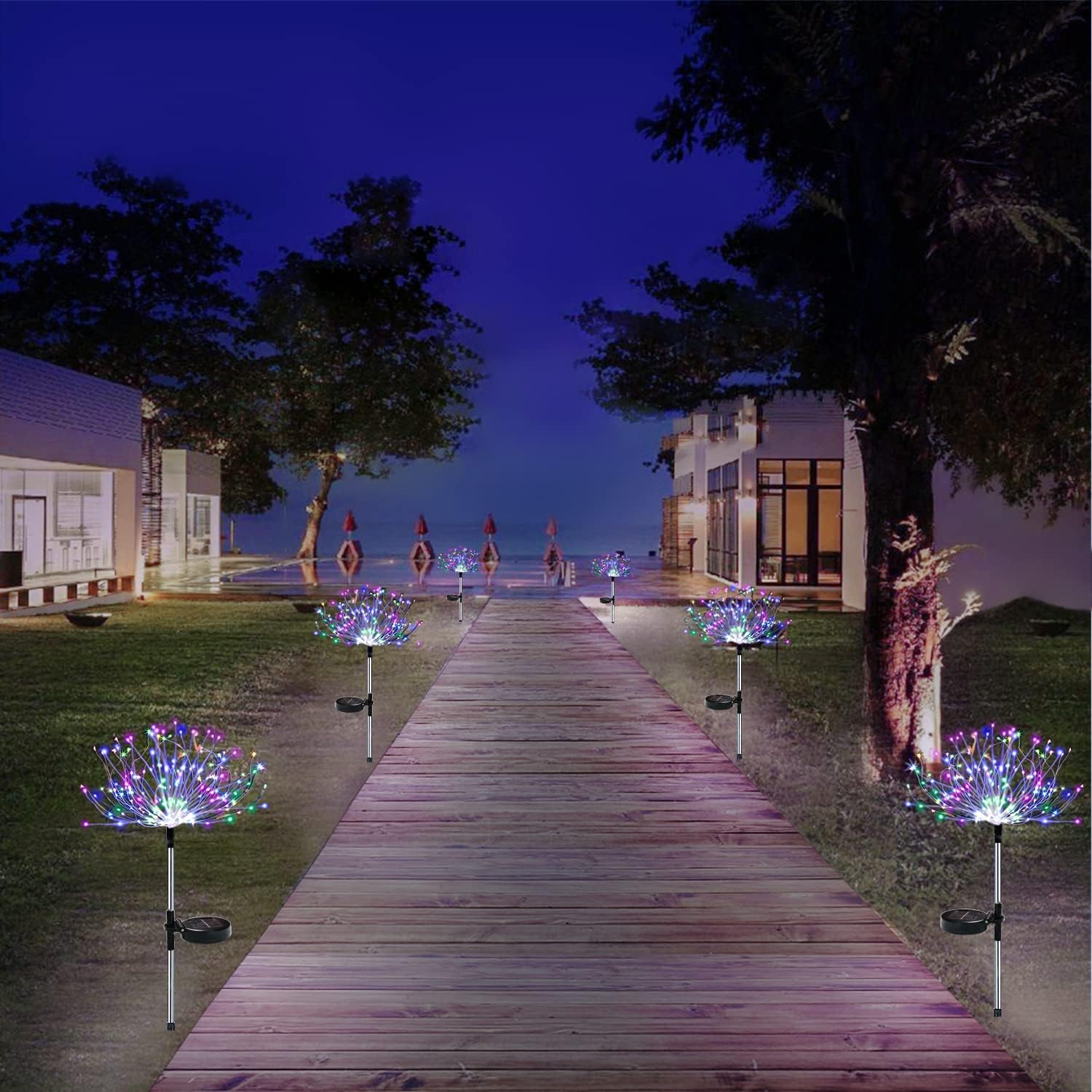 Honche Solar Garden Lights Outdoor Waterproof, LED Firefly Starburst Firework Light for Pathway Patio Lawn Backyard Flowerbed Party Christmas Decorations with 120 LEDs 8 Mode 2 Pack RGB Oval