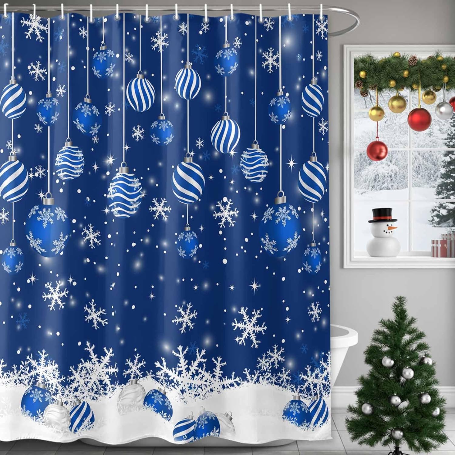 Christmas Shower Curtain Winter Snowflake Xmas Shower Curtains with 12 Hooks Waterproof Blue Xmas Balls Bath Curtain for Bathroom,Bathtub Decor Lightweight Blue Fabric Shower Curtain Set 72x72 Inch