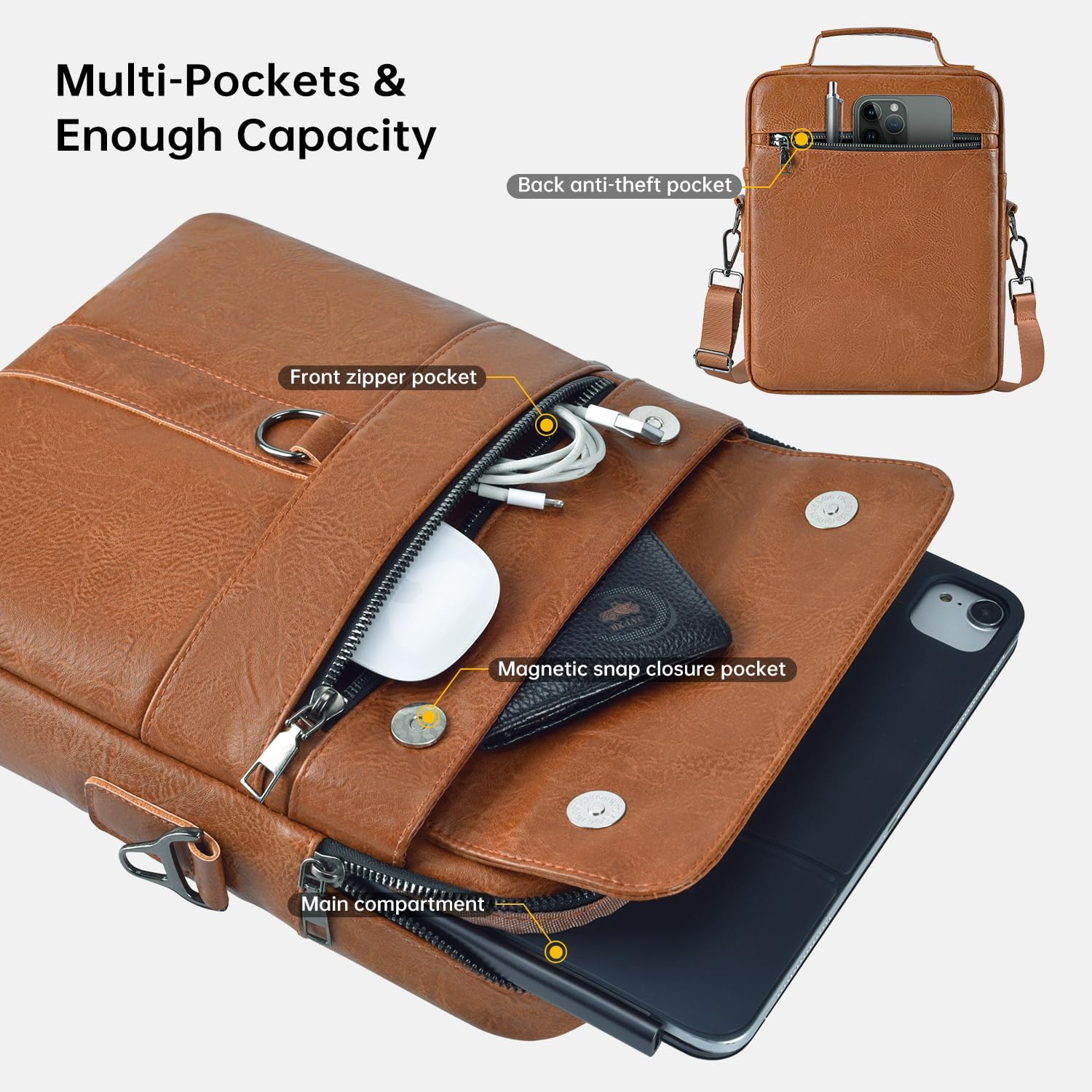 12.9-13 Inch iPad Carrying Leather Bag for 2025 13 inch iPad Air M3 M2 & iPad Pro M4 M5 with Magic Keyboard, iPad Pro 12.9, Travel Shoulder Sleeve Case Handle Bag, Brown - Image 3