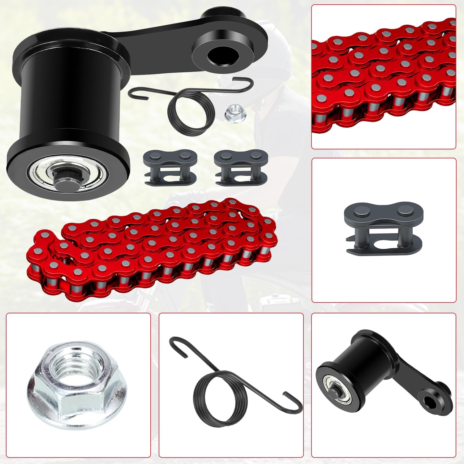 GREHUA Mini Bike Chain Tensioner Kit & 420 Chain 42 Links Compatible with Coleman CT200U CT200U-EX BT200X Baja Warrior MB200 Massimo Trailmaster Predator 212 196cc 6.5hp OHV Engine Minibike Parts Red
