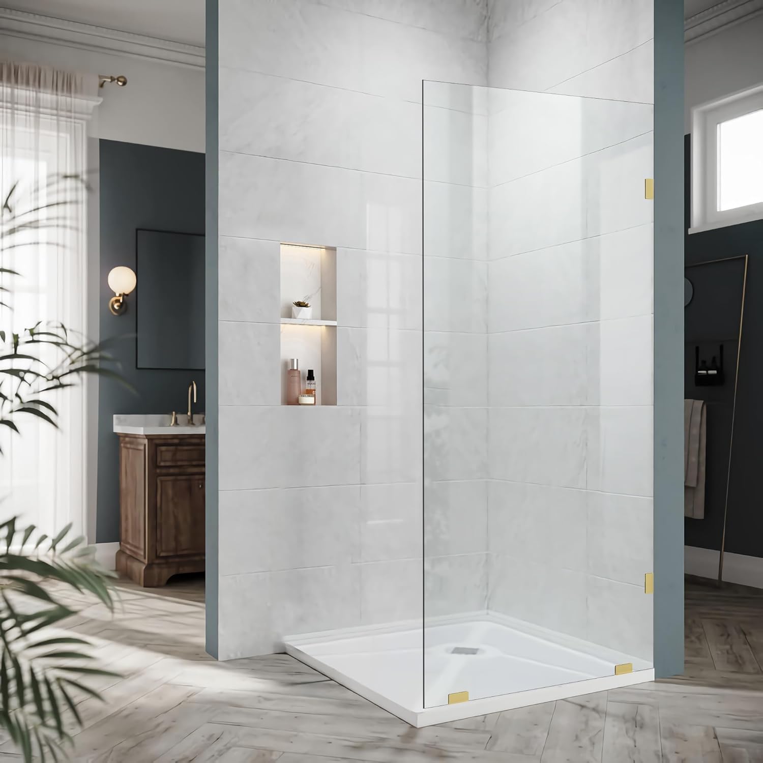 Bathroom Shower Glass Door Panel, 34" W×74" H Fixed Frameless Shower Glass Door, 5/16"(8mm) Thick Clear Tempered Glass Door Screen, Matte Black