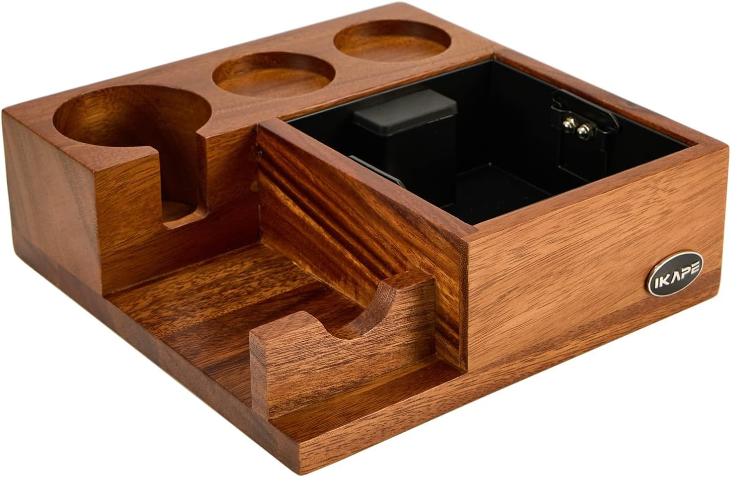 IKAPE V3 Espresso Knock Box, Espresso Coffee Organizer Box Fit for Storage 51mm 53/54mm 58mm Espresso Tamper and Distributor, Pure Natural Walnut Base with Special Portafilter Basket Station(4 In 1)