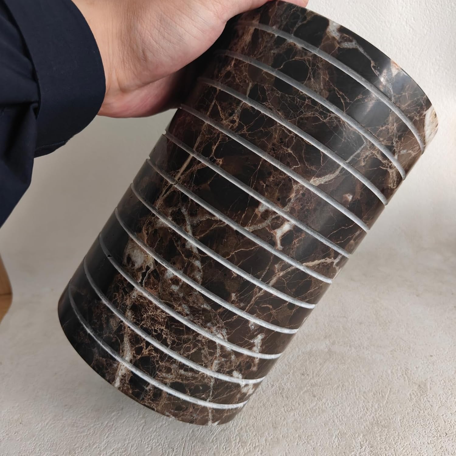 Natural Handmade Marble Decorative Round Bucket, Multipurpose Use as Ice Wine Bucket, Kitchen Utensil Organizer, or Decorative Vase，Home Furnishing decoration for kitchen and living room (coffee net)