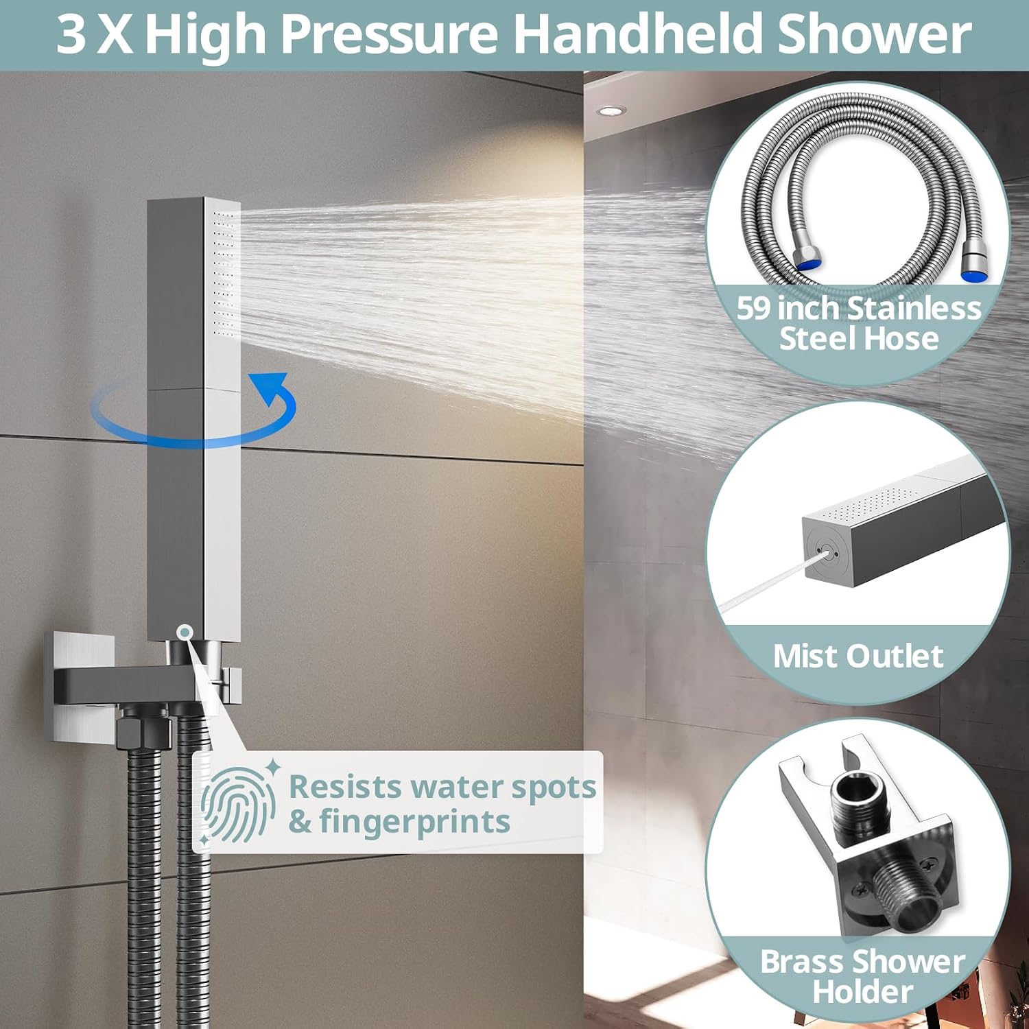 Thermostatic LED Shower System: 64 Color LED 20" Rainfall Shower Head with Handheld Sprayer & 6 Body Massage Jets, Bathroom Ceiling Mount Shower Faucets Set with Valve, Brushed Nickel