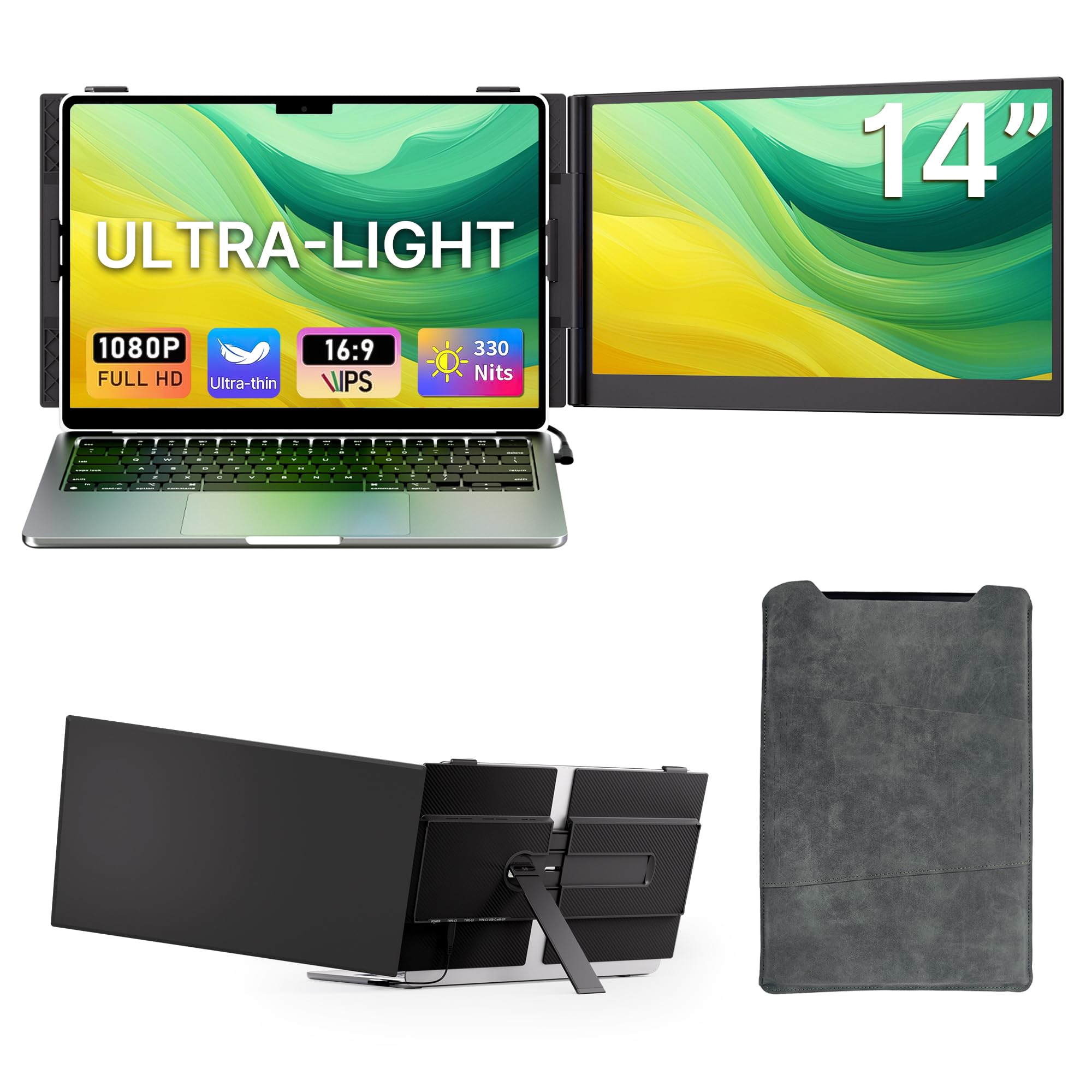 14" Laptop Screen Extender - Ultra Light 1.31lbs FHD 1080P IPS Portable Monitor for Laptops, Attachment Plug &amp; Play Travel Dual Extra Display for 13"-17" Windows/Mac