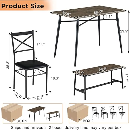 Miniatura 4 de VINGLI Juego de mesa de comedor moderna de 55 pulgadas para 6, mesa rectangular de comedor de cocina, banco, juego de mesa de comedor de madera de 6