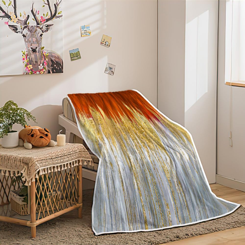 JAWO Orange Golden Fleece Throw Blanket Gold White Throw Abstract Stripes Sherpa Blanket for Boys Teens Decor Geometric Modern Fuzzy Plush Blankets for Home, Sofas, Couches, Beds, Chairs 50x60