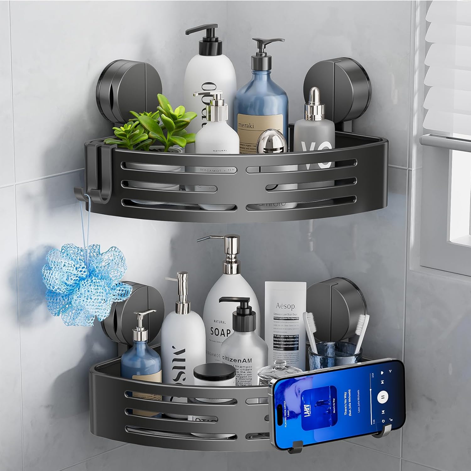 ONXE Suction Cup Shower Caddy No Drilling Corner Shower Shelves Heavy Duty Shower Organizer with Hooks Rustproof Waterproof