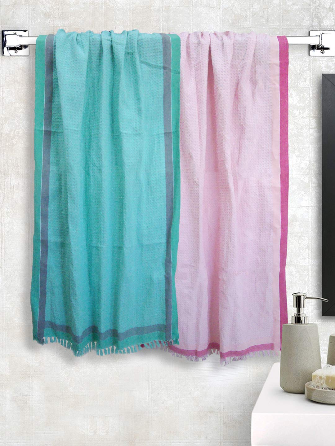 Athom Living Light Weight Cotton Premium Waffle Border Bath Towel 75x150 cm Pack of 2