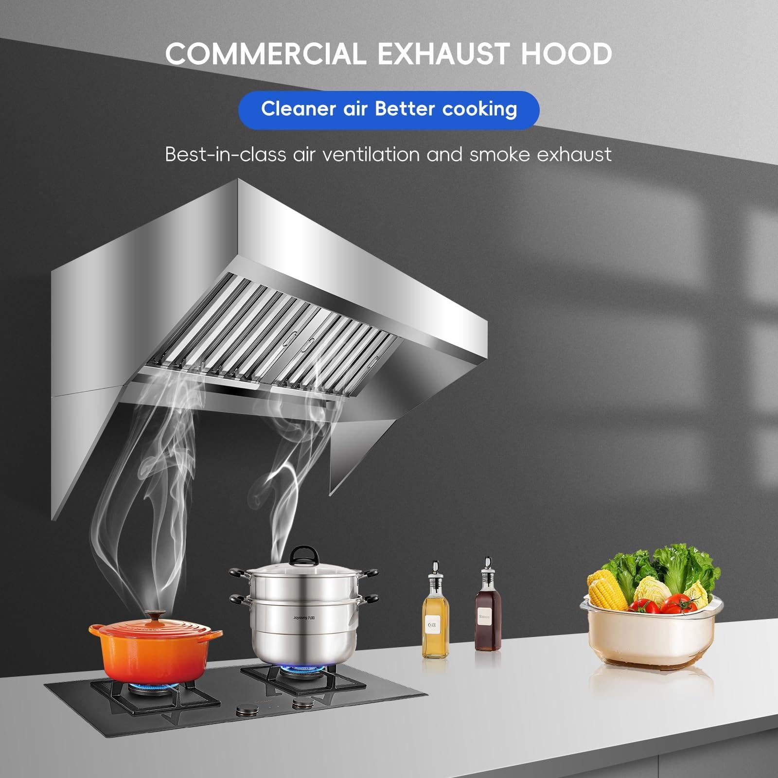 Garvee 8FT Commercial Exhaust Hood, 201 Stainless Steel Rust Resistant Vent Hood with 4 Detachable U-Shaped Oil Filter Mesh, Commercial Grade for Kitchen/Restaurant/Food Truck/Concession Stand - 2