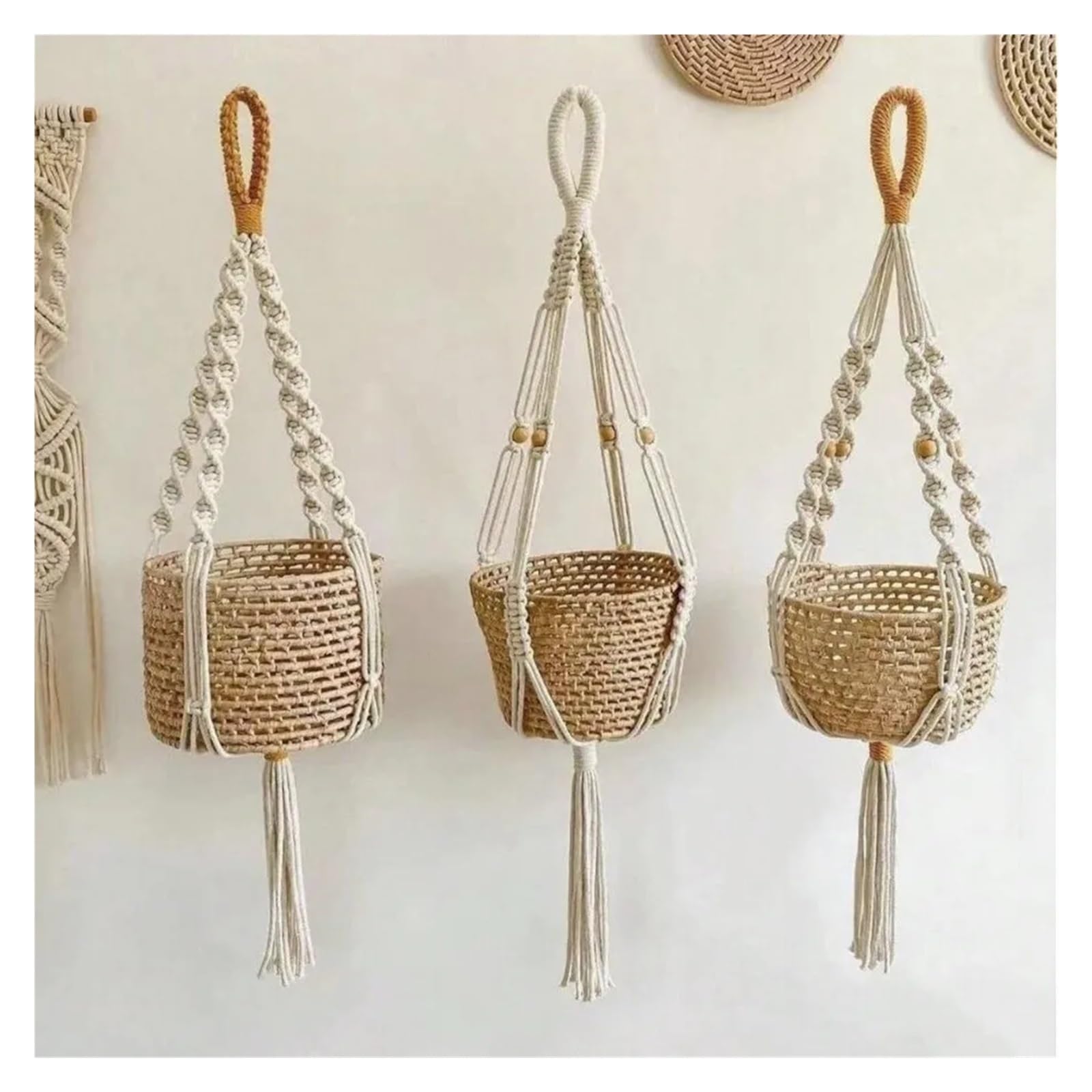 Appendini per Piante Macramè Nappe fatte a mano Macrame Gancio for piante Rete Corda di cotone Appeso a parete Fioriera Cestino Annodato sollevamento Vasi fiori(Set)