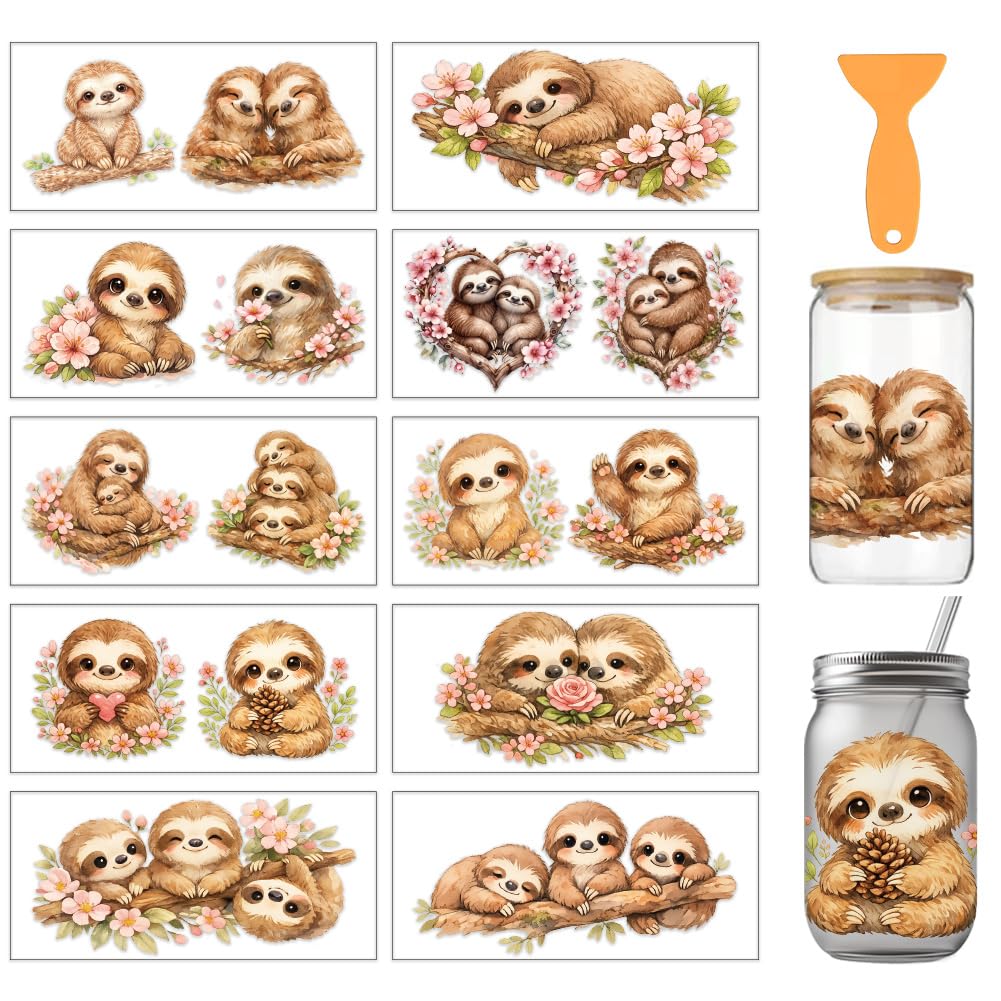 arricraft 10 Sheets Cup Wrap Transfer Stickers, Watercolor Hand Drawn Sloth Patterns Rub on Transfers PVC UV DTF DIY Transfer Paper for Glass Water Bottle Decoration 9.5x4.3 Inches โ image 1