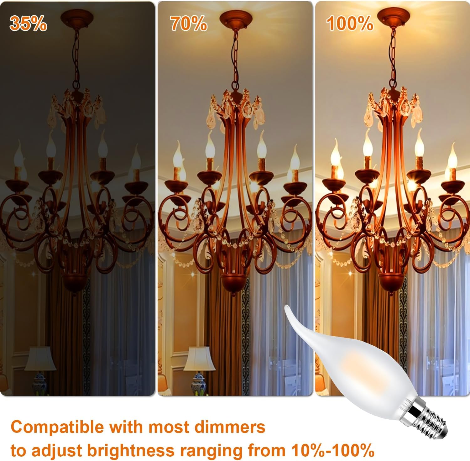 Dimmable CA11 E12 LED Candelabra Bulb, 40W Equivalent Frosted Chandelier Light Bulb, 4W 2700K Warm White 450LM CA11 Flame Tip Vintage Filament Candle Light, 6 Pack