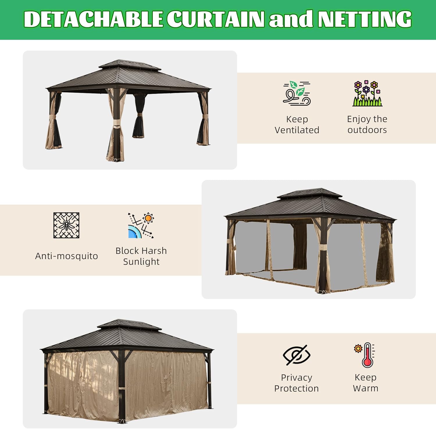 Illustrations showing the gazebo with curtains and netting in fully open, semi-open, and fully closed configurations