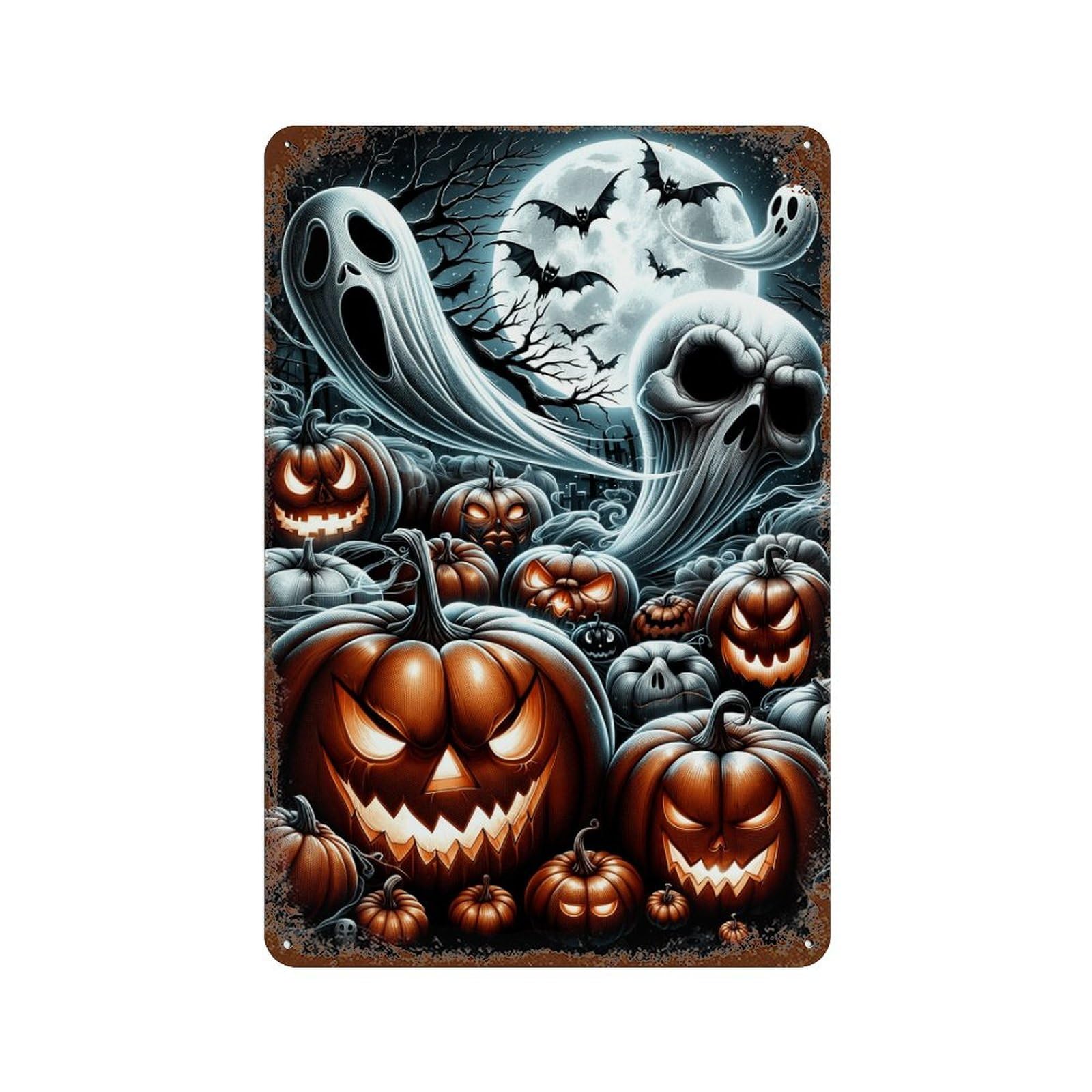 Garage Style Halloween Ghosts And Pumpkins Aged Metal Wall Plaque 11.8"x7.9", Vintage Wall Decor for Bar And Workshop