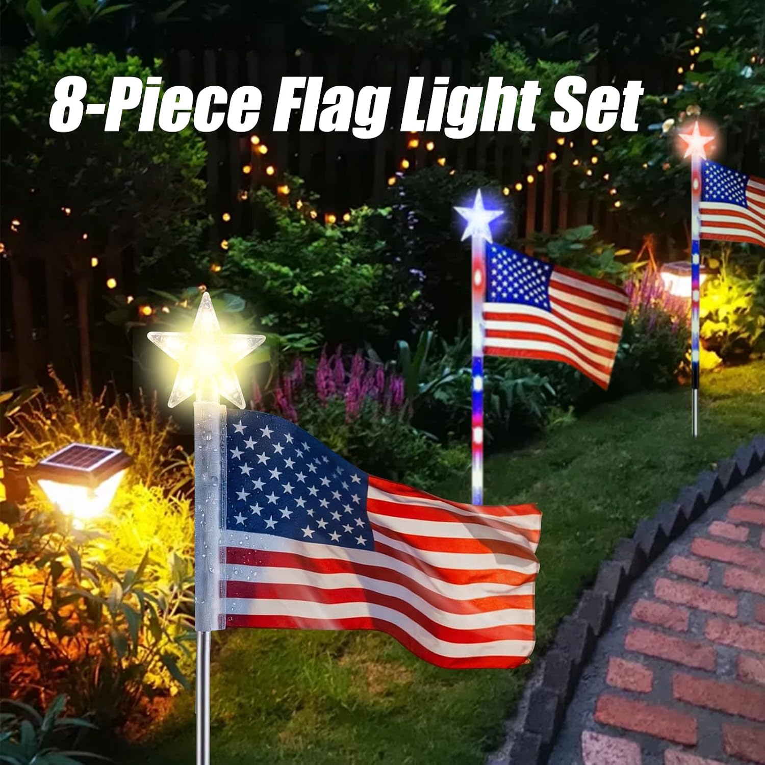 8 Pack Solar American Flag Pathway Lights, 4th of July Decorations Outdoor Solar Lights, Waterproof Solar Patriotic Light for Independence Day 250th Anniversary