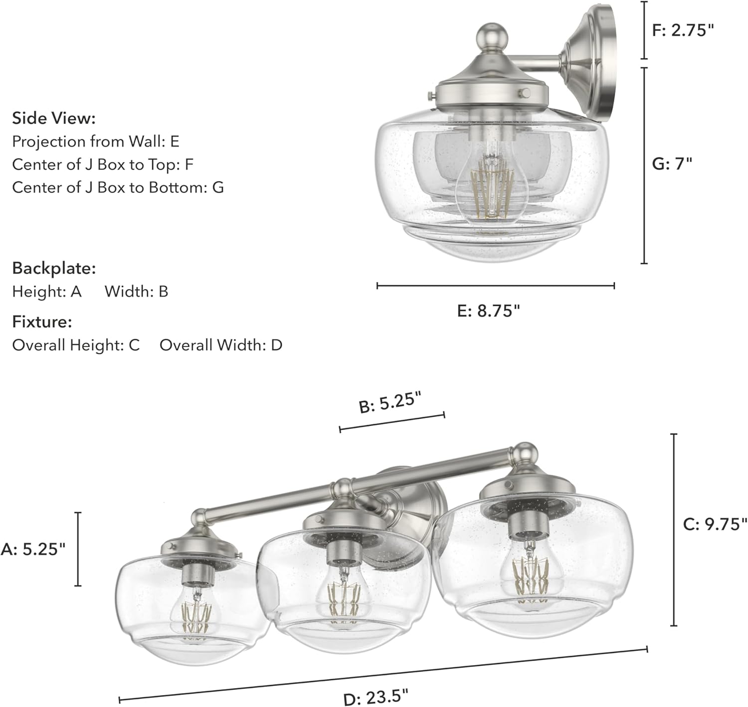 Hunter - Saddle Creek 3-light Brushed Nickel, Medium Size Vanity Light, Dimmable, Schoolhouse Style, for Bedrooms, Kitchens, Foyers, Bathrooms - 19461