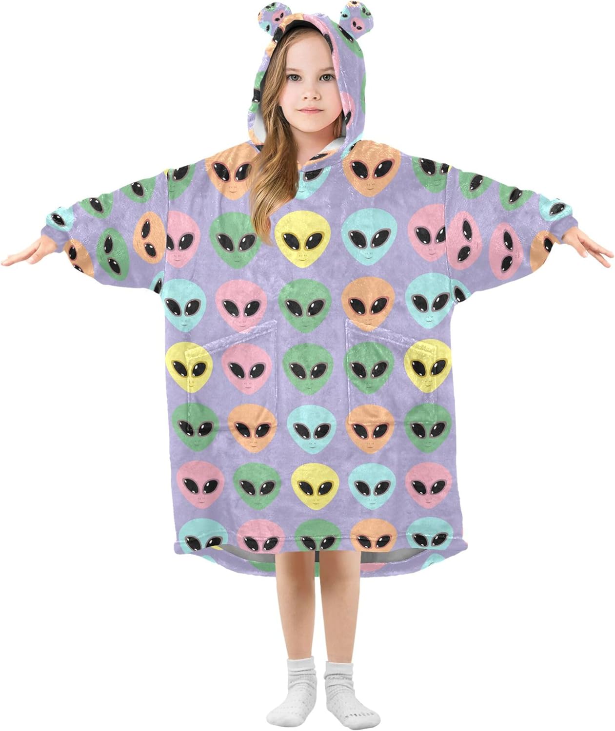 Cute Alien Ufo Kids Wearable Blanket Hoodie with Pocket and Sleeves for Toddlers, Cute Hoodies Girls Boys B0404035