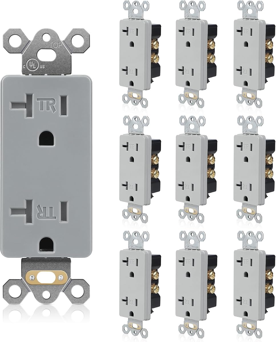 10 Pack Decorator Wall Receptacle Outlet, 20A 125V, 2 Pole 3 Wire, Tamper Resistant Electrical Socket for Residential and Commercial, UL Listed, Gray