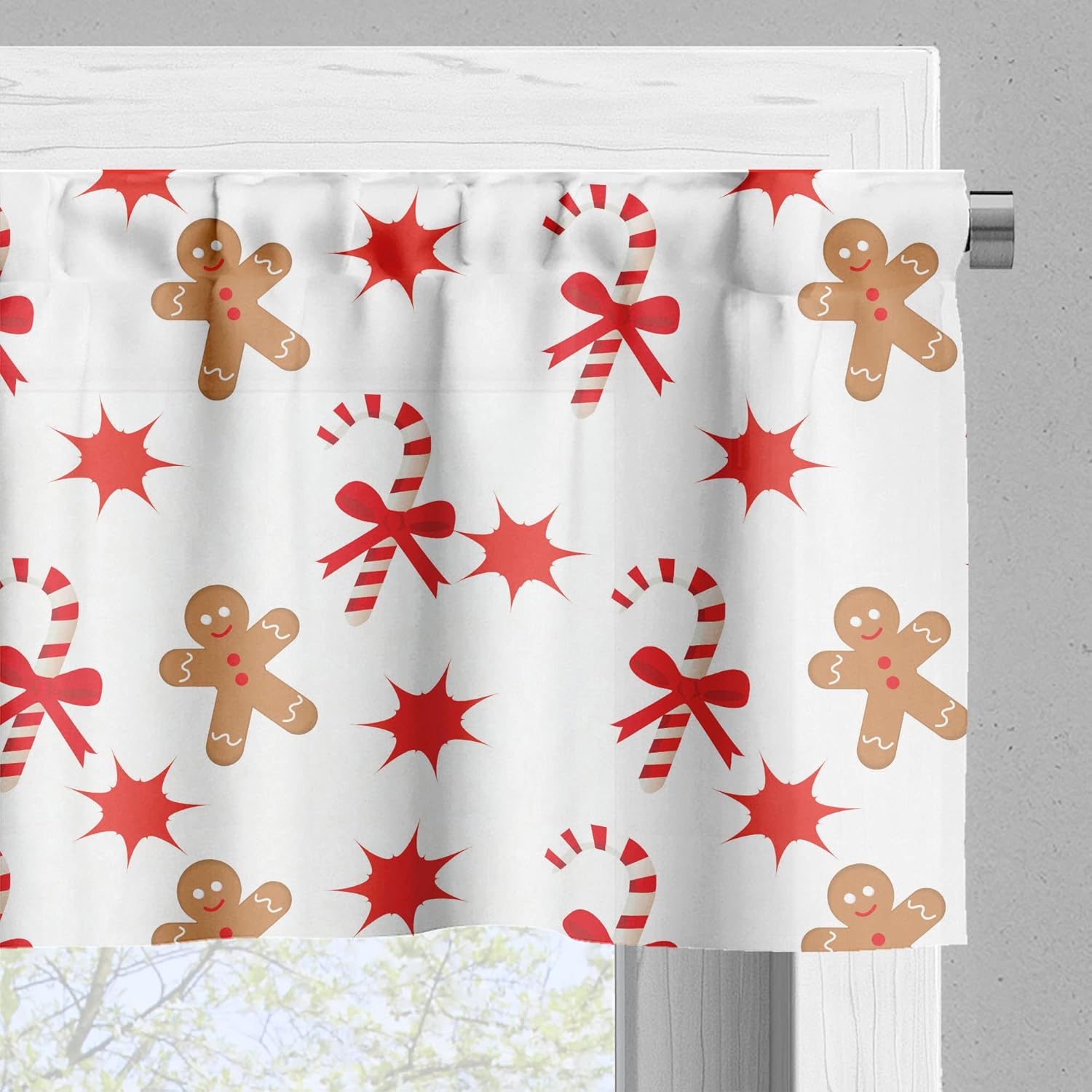 Ambesonne Gingerbread Man Valance & Tier Curtain 3 pcs Set, Candy Cane Bowties Red Star Christmas Cookie Pattern, Window Treatments for Kitchen Room Decor, 55" x 36", Orange Brown