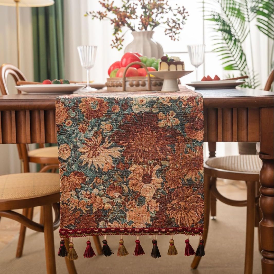 Table Runner Embroidered Damask Table Runner Non Slip Lining For Furniture with Tassel for Home Christmas Party Restaurants(E,33-180)