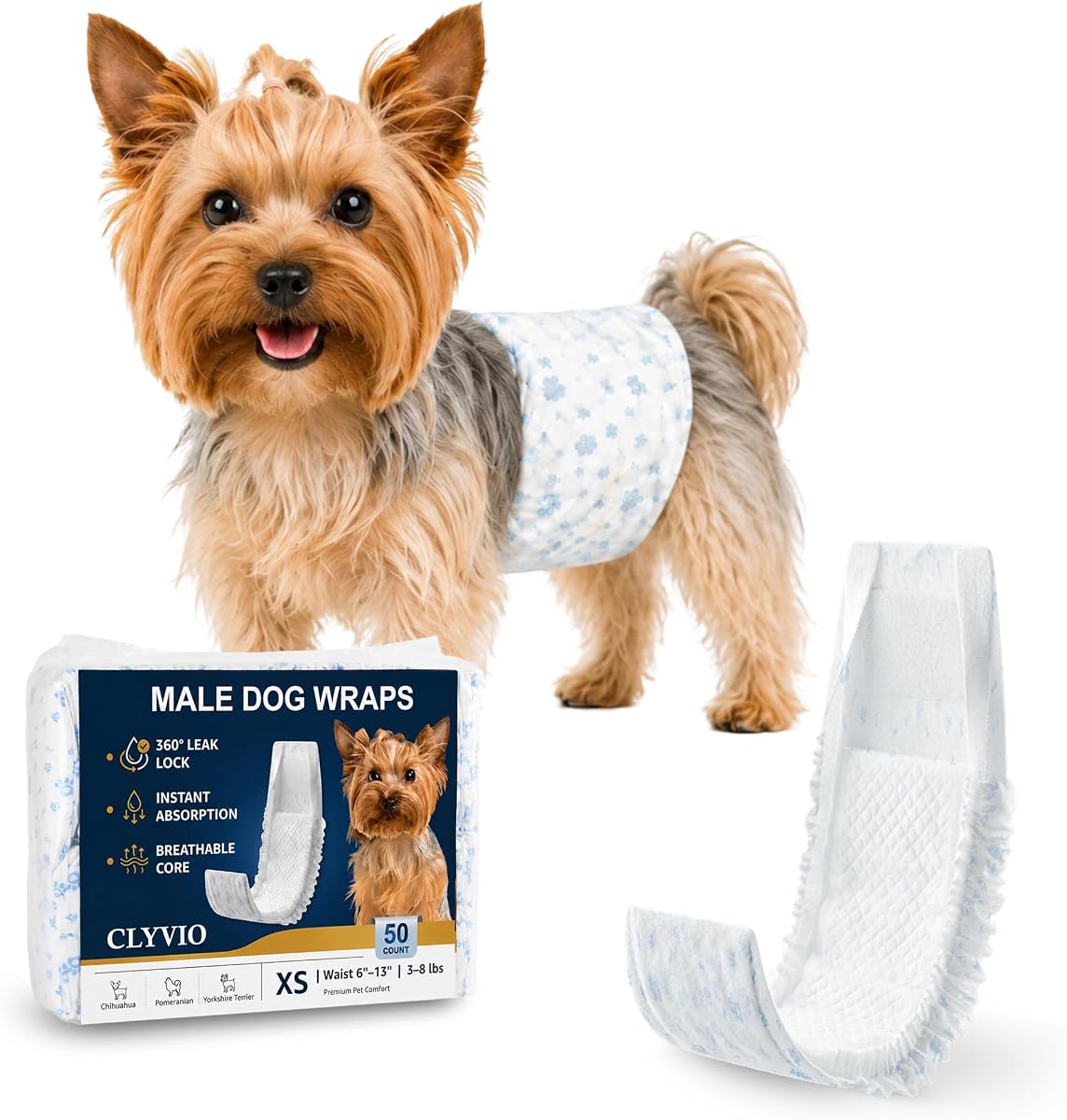 Dog Diapers Male, X-Small 50 Ct, Disposable Belly Band Wraps, 6-13" | High-absorbency 6-layer core, wetness indicator, soft breathable fit, leak-resistant, for chihuahuas, yorkies and toy breeds