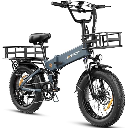 Jasion X-Hunter Foldable Electric Bike, 1400W Peak Motor, 70+ Miles 30MPH EBike, 624WH Removable Battery, 20''*4 Fat Tire, Full Suspension Bicycle for Commute,Snow, Mountain, 7-speed E-bike for Adults