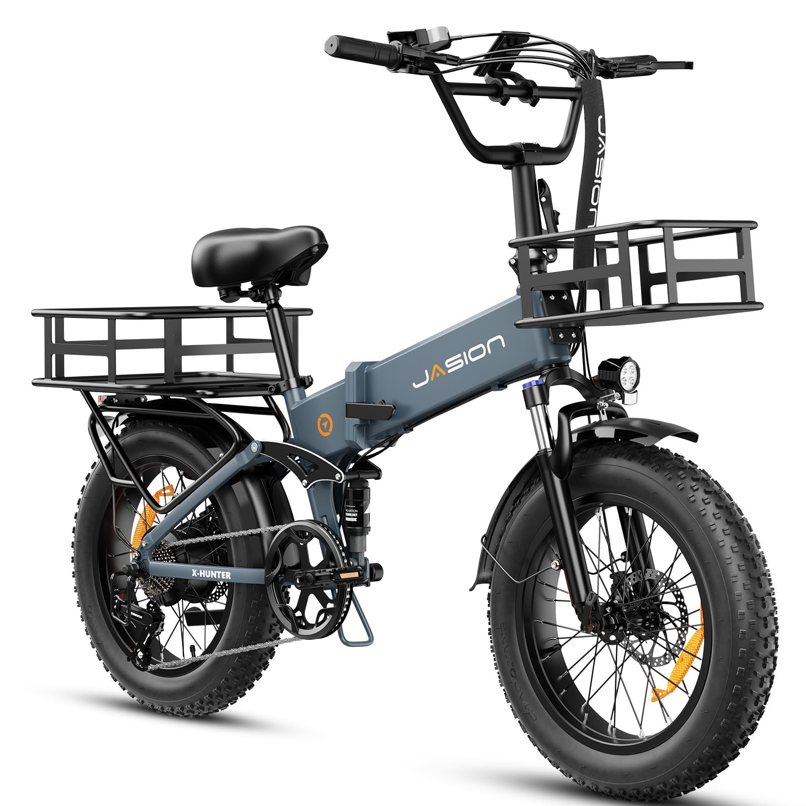 Jasion X-Hunter Foldable Electric Bike, 1400W Peak Motor, 70+ Miles 30MPH EBike, 624WH Removable Battery, 20''*4 Fat Tire, Full Suspension Bicycle for Commute,Snow, Mountain, 7-speed E-bike for Adults