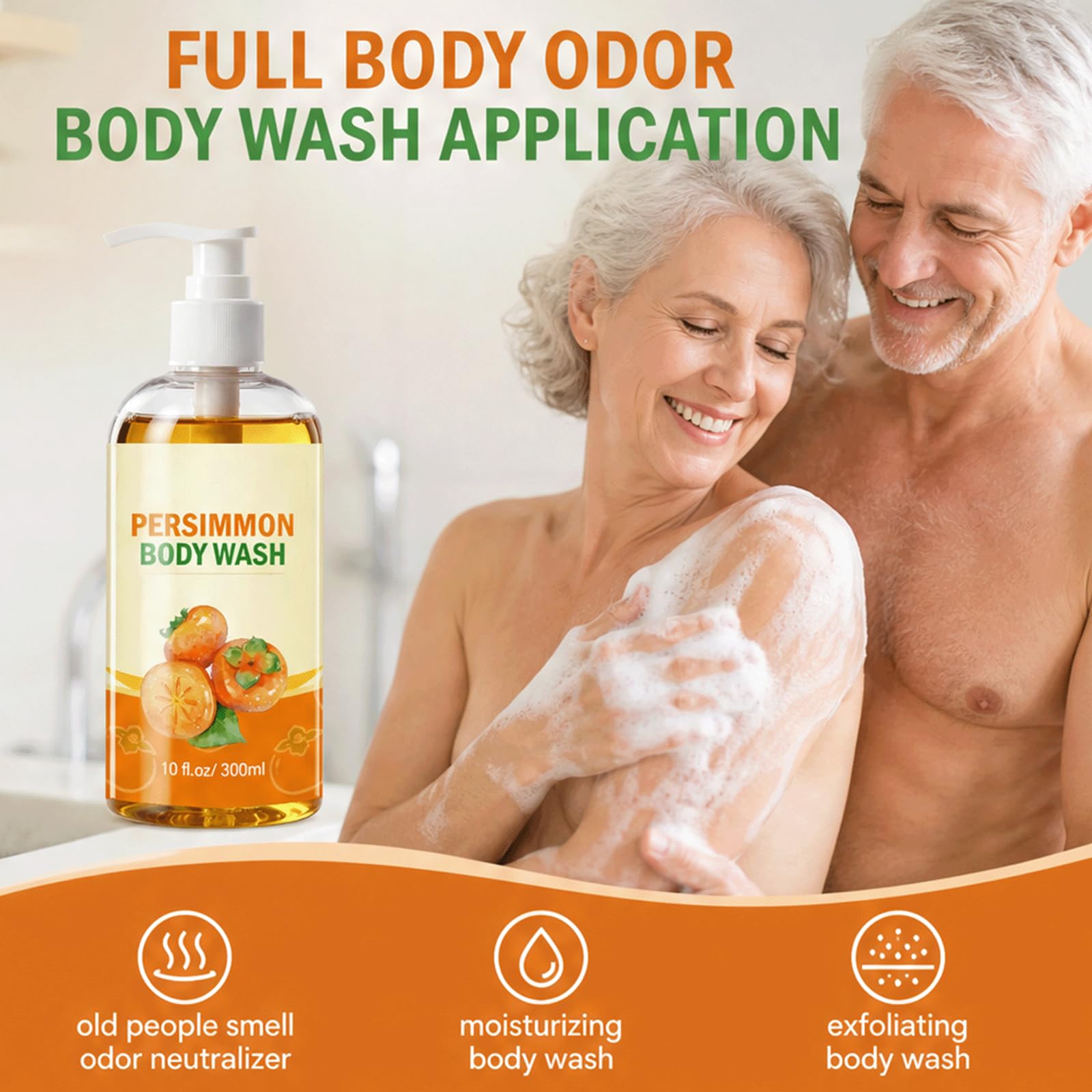 Persimmon Body Wash dla osób starszych Zapach - Neutralizator zapachów o dojrzałym zapachu, Delikatny płyn pod prysznic do skóry, Dezodoryzujący środek czyszczący dla kobiet i mężczyzn, (5 szt)