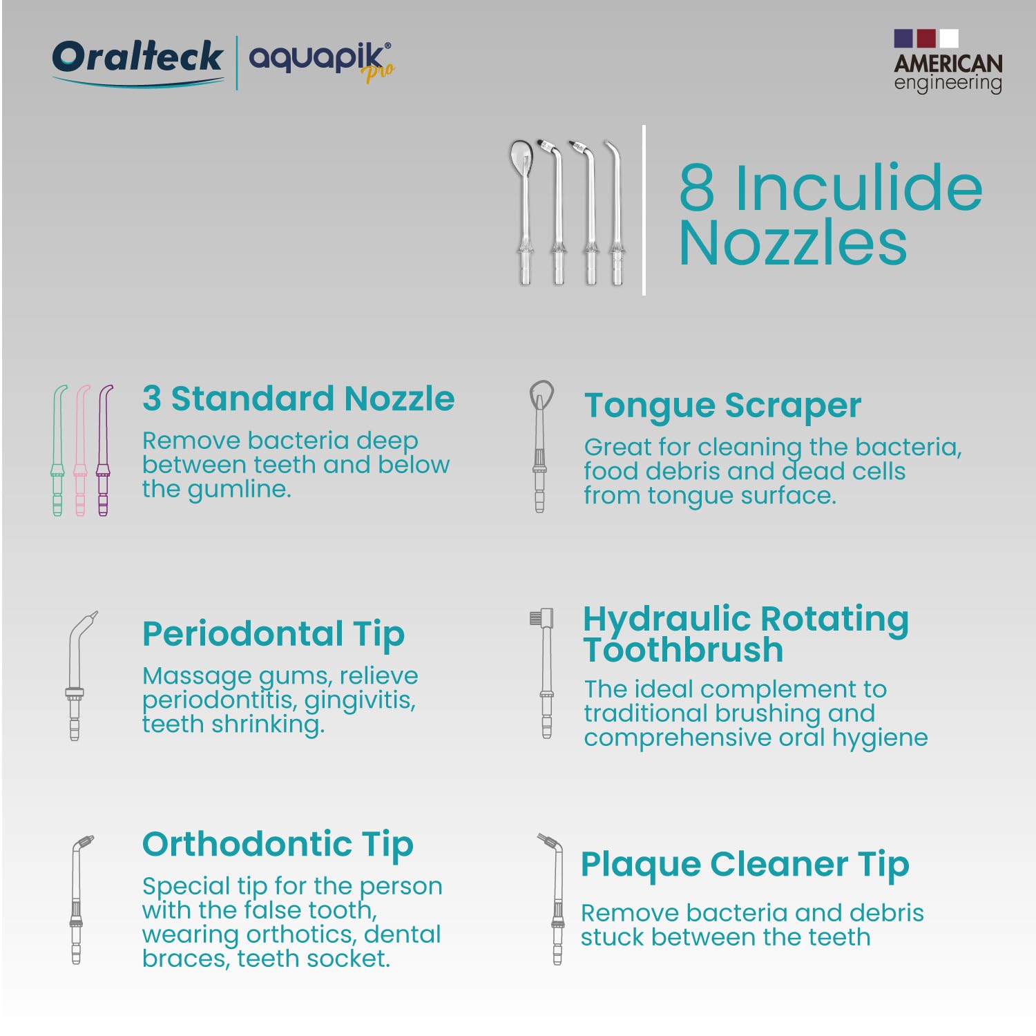 Aquapik® PRO profesjonalna irygator dentystyczny, usuwa płytkę nazębną + zalecany przez dentystów + pielęgnacja implantów i ortodoncji, irygator do jamy ustnej z 8 ustami + 10 poziomami ciśnienia +