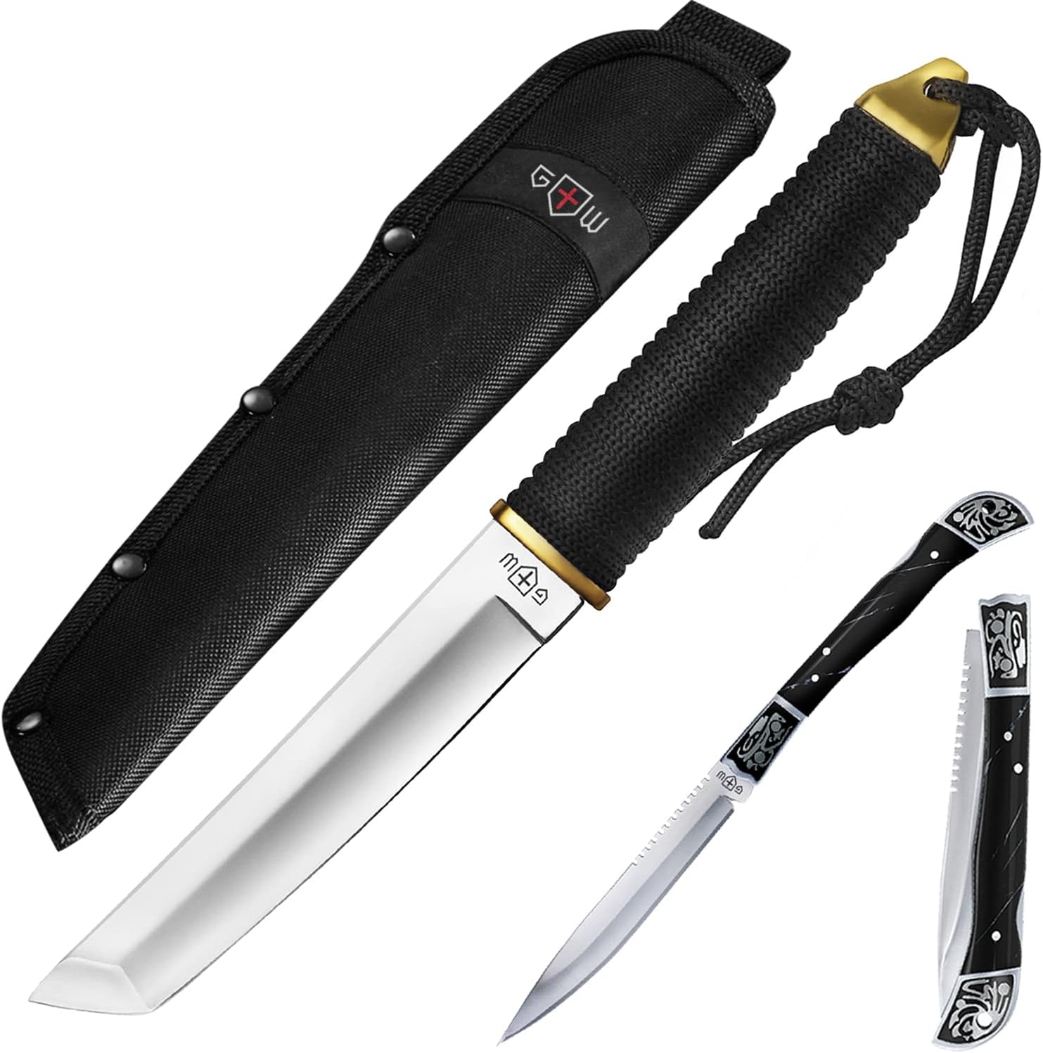 Bundle of 2 Items - Pocket Knife for Men - Folding Knofe - EDC Fold Knives - Sharp Blade Knifes - Knives with Paracord Handle - Survival Hunting Ninja Knife with Sheath - Birthday Christmas Gifts