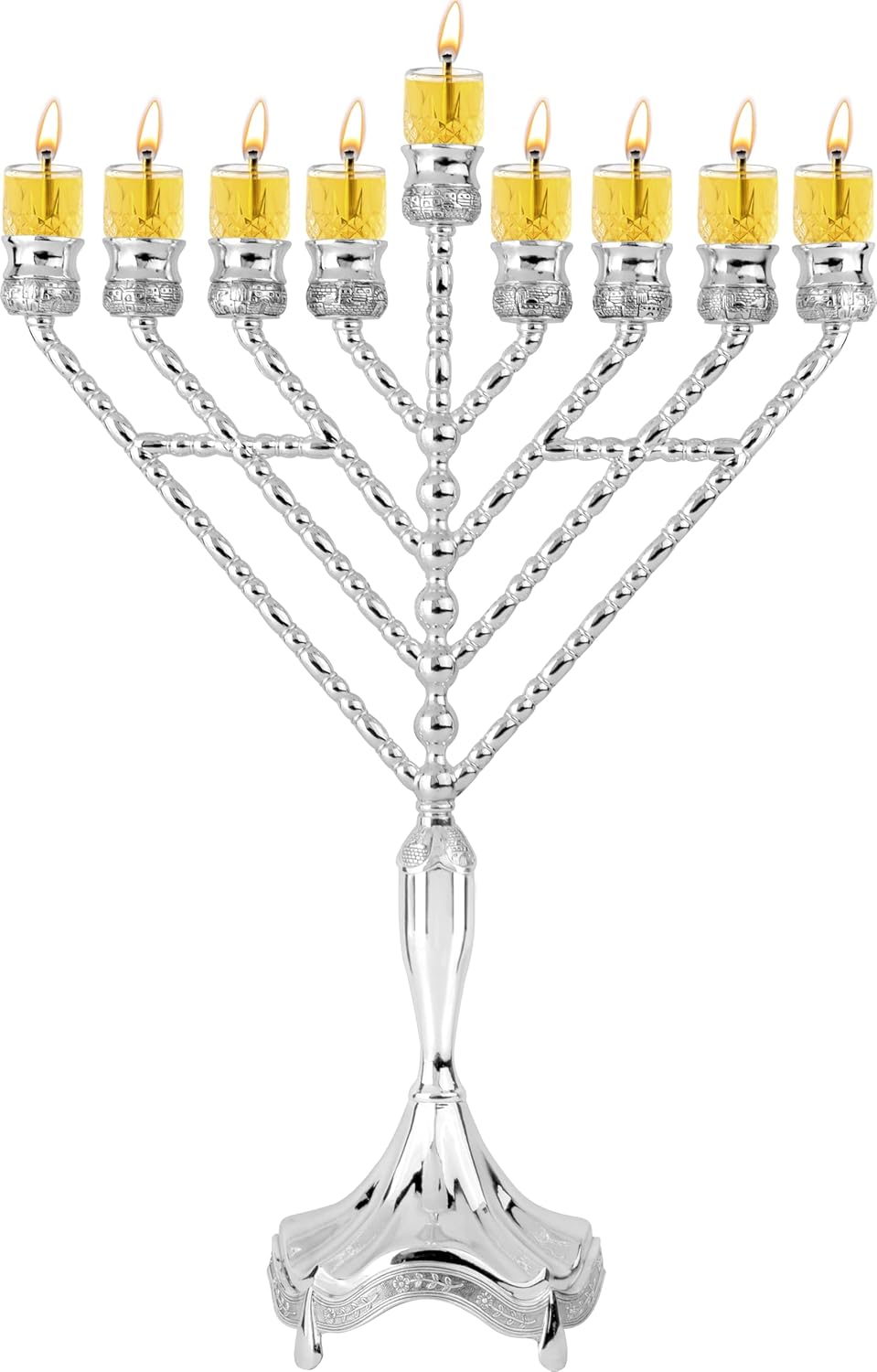 Super Big Clearance! Silver Plated Oil Menorah - Fits Standard Chanukah Oil Cups and Large Candles - Olive Branches - 18” High - by Ner Mitzvah