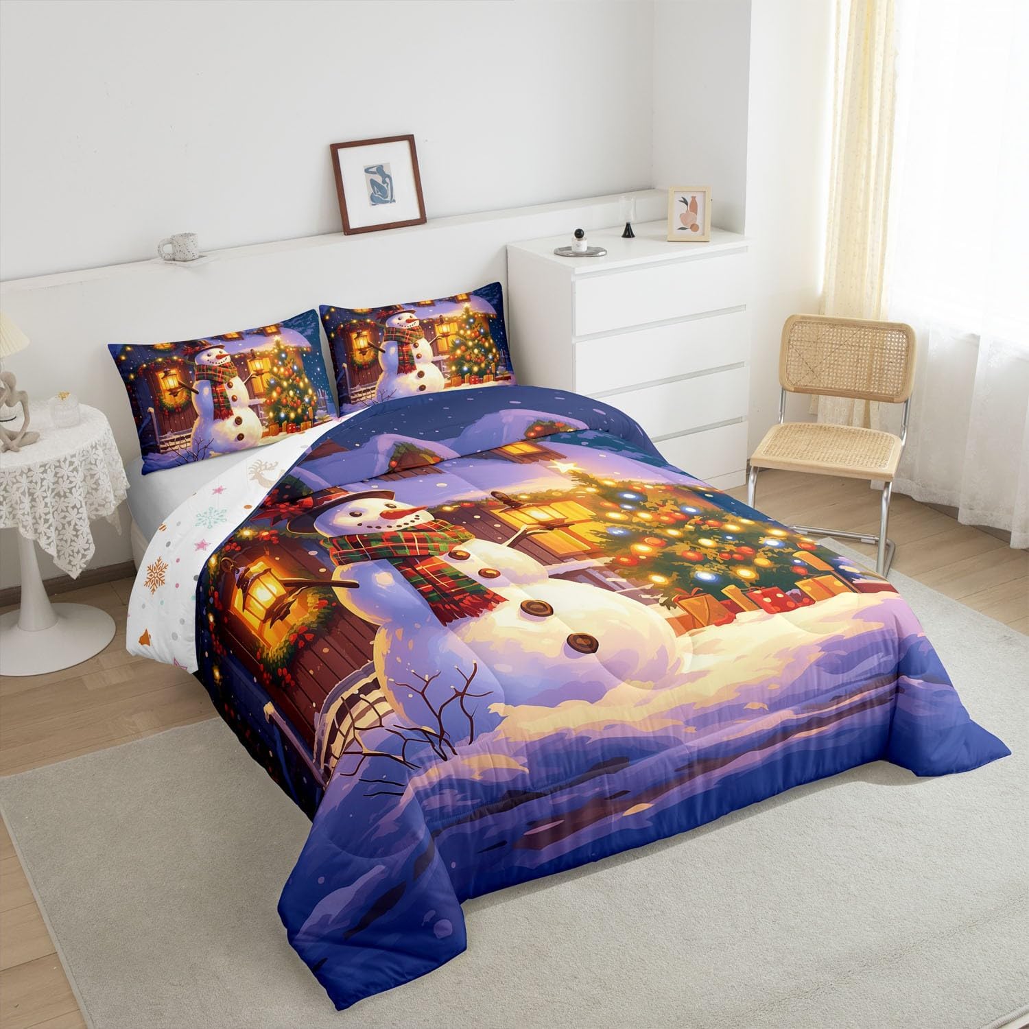 Erosebridal Kids Xmas Snowman Comforter Set Twin Size,Christmas Tree Decoration Bedding Comforter Sets Winter Theme Rustic Cabin Bedding Set,Christmas Wreath Quilt Duvet with 1 Pillow Case