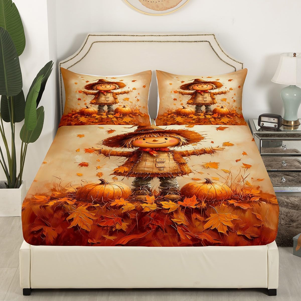 Erosebridal Fall Pumpkin Bed Sheets Autumn Harvest Fitted Sheet for Adults Men Women Full Rustic Farmhouse Bedding Set Blue Watercolor Bed Cover Room Decor