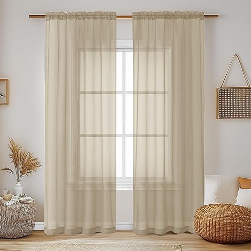 Chyhomenyc Taupe Sheer Curtains 84 Inches Long 2 Panels Set- Light Filtering Curtains for Bedroom, Soft Airy Voile Rod Pocket Living Room Window Drapes, 42Wx84L Inches, 2 PCS