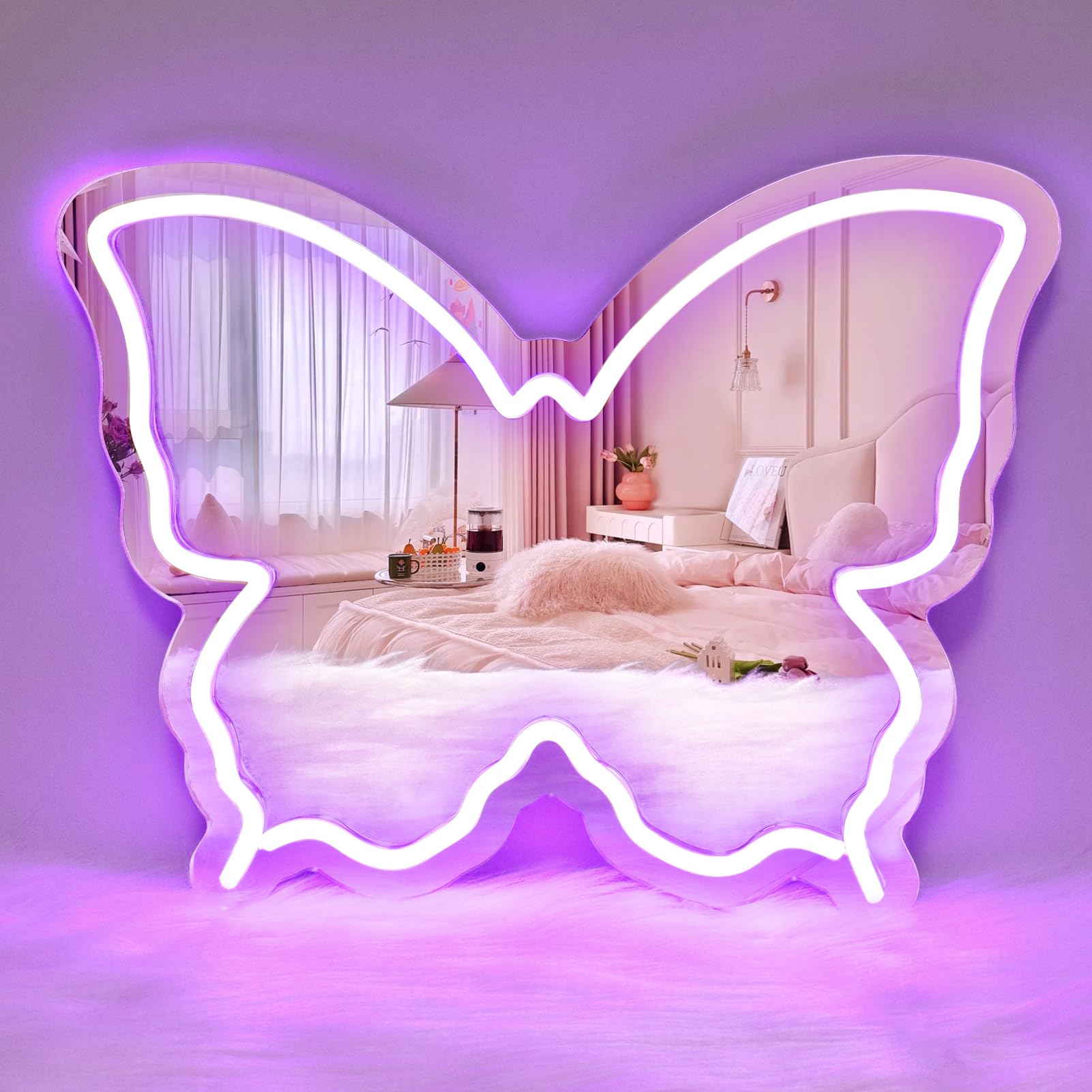 Butterfly Neon Signs Mirror Vanity, 15.75''x 12'' Cute Girls Purple Neon Light Adjustable Brightness