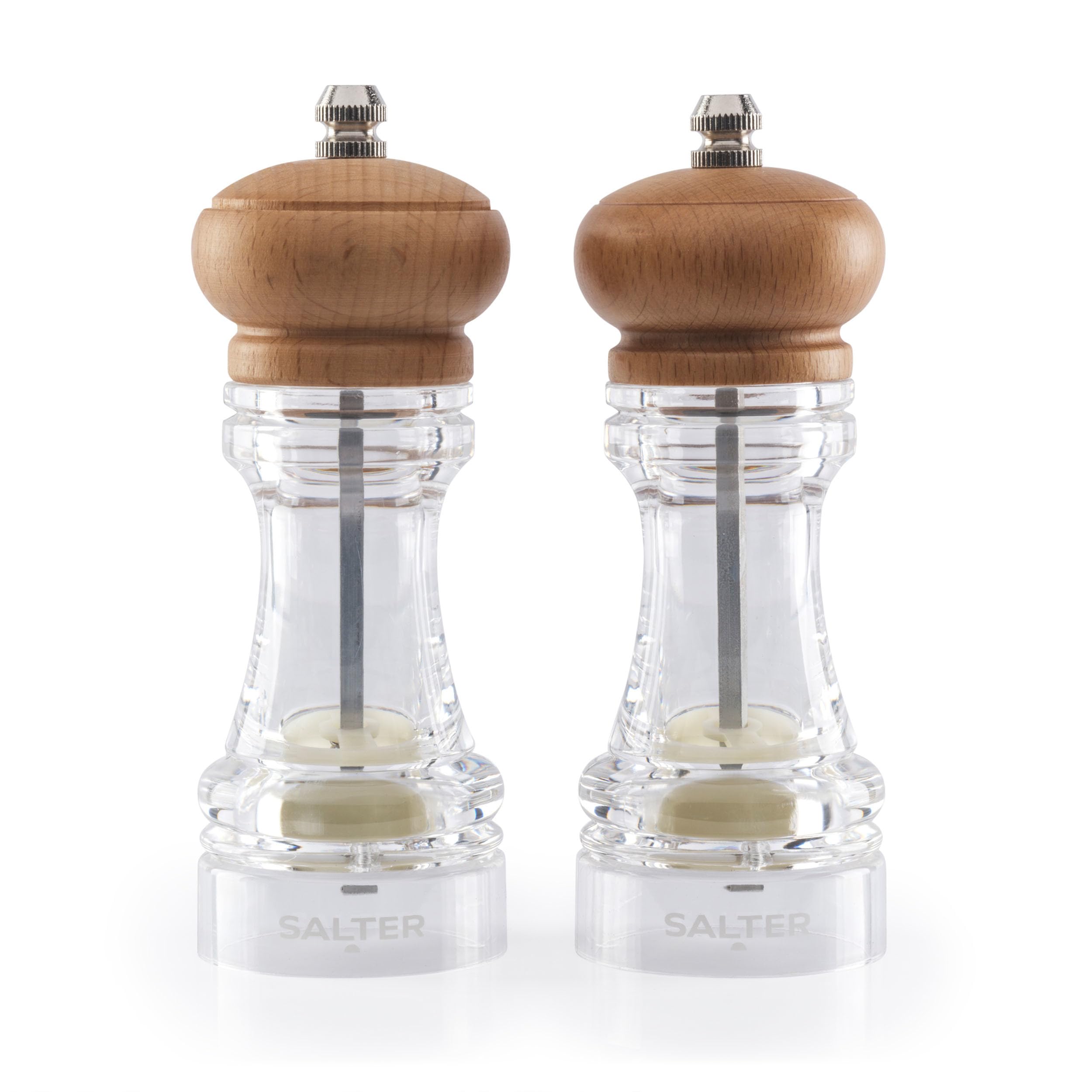 Beech Wood Mill Set - Salt & Pepper Mills, Ceramic Grinding Mechanism, Spice Mills with Adjustable Grind from Fine to Coarse, Twist to Grind, Clear Acrylic Body, Natural Wooden Top, 7607 WDXR