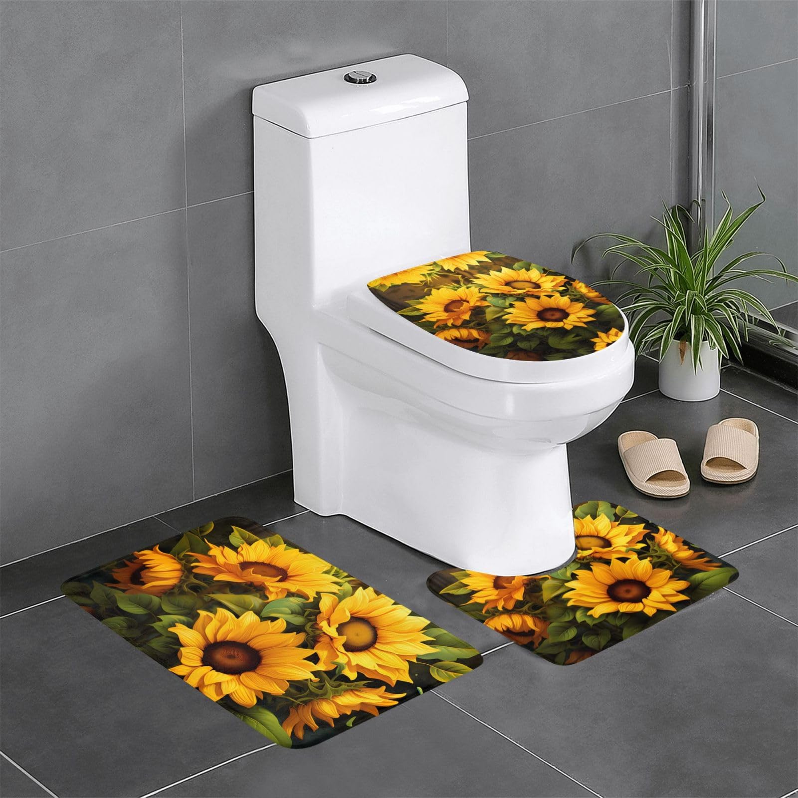Tapis de salle de bain antidérapants jaunes ensemble 3 pièces contour et rectangulaire WC