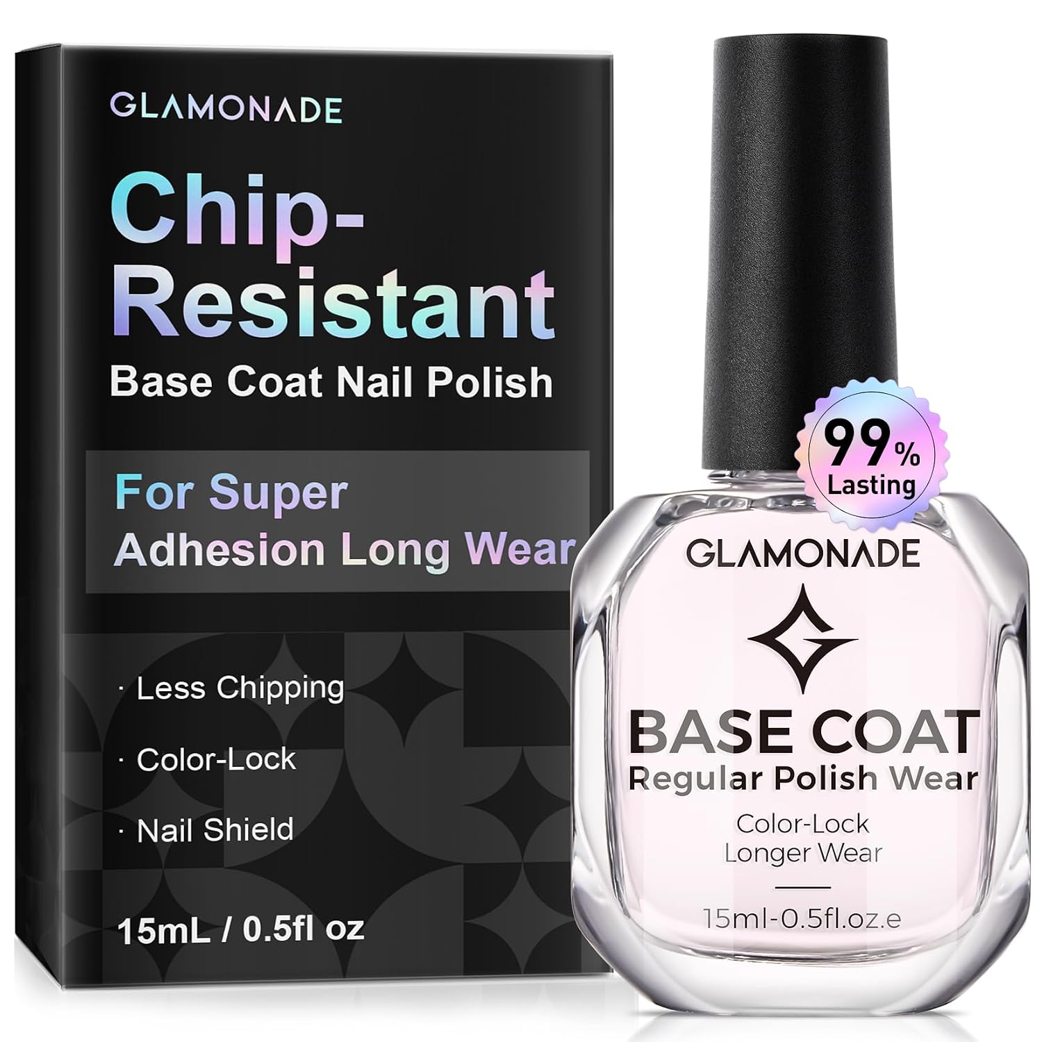 Glamonade Base Coat Nail Polish: 12 Day Long Lasting Chip Resistant Wear 60s Quick Dry Clear Base Coat Prevents Discoloration Natural Shield for Regular Nail Polish 0.5 fl oz Women Essential