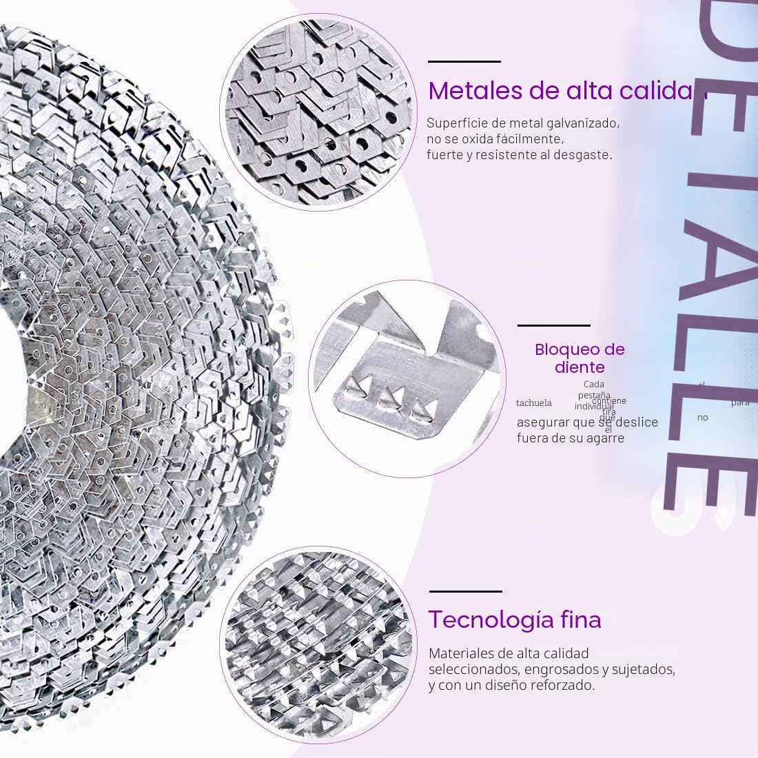 Swpeet Tira de metal flexible de 65 pies para tapicería de tres dientes, agarre fácil para muebles, sillas, bordes de acabado de sofá en brazos curvos, respaldo de ala o parte arqueada de sillas