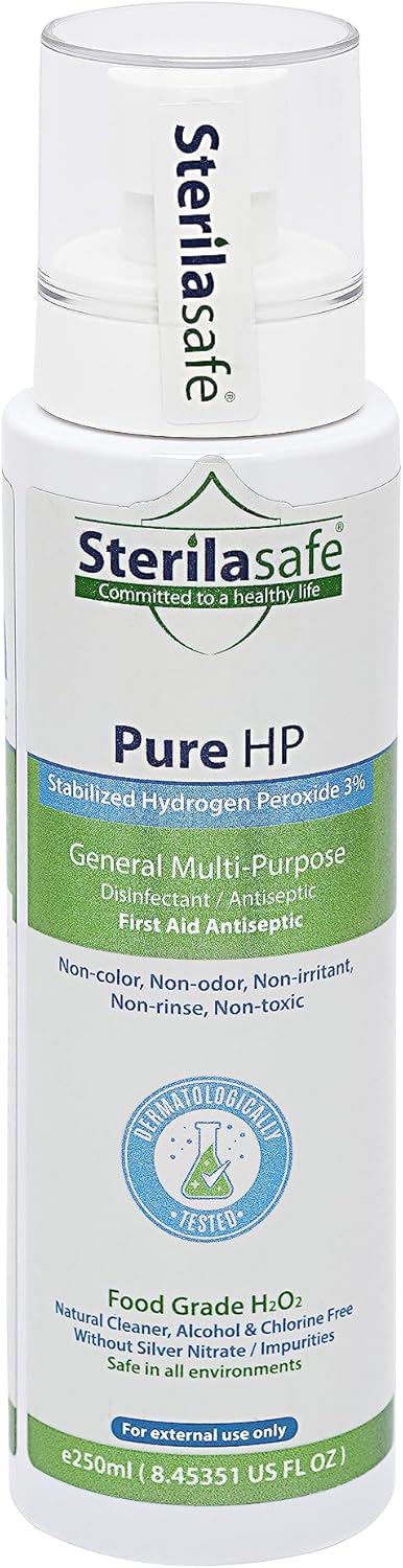 Sterilasafe Pure HP Food Grade, Hydrogen Peroxide 3, H2O2, Natural Cleaner, NO chemical, First Aid Antiseptic Spray 250 ML