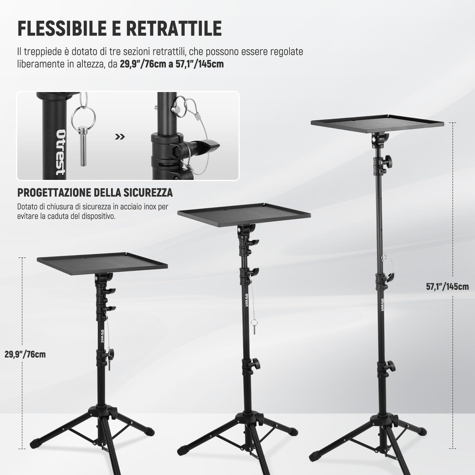 Supporto Proiettore con Vassoio Incli a 180° e Porta Telefono, Treppiede per Proiettore/Laptop Telescopico da 76-145cm, Cavalletto per Proiettore Portatile Pieghevole per Studio/Palco, Max10kg