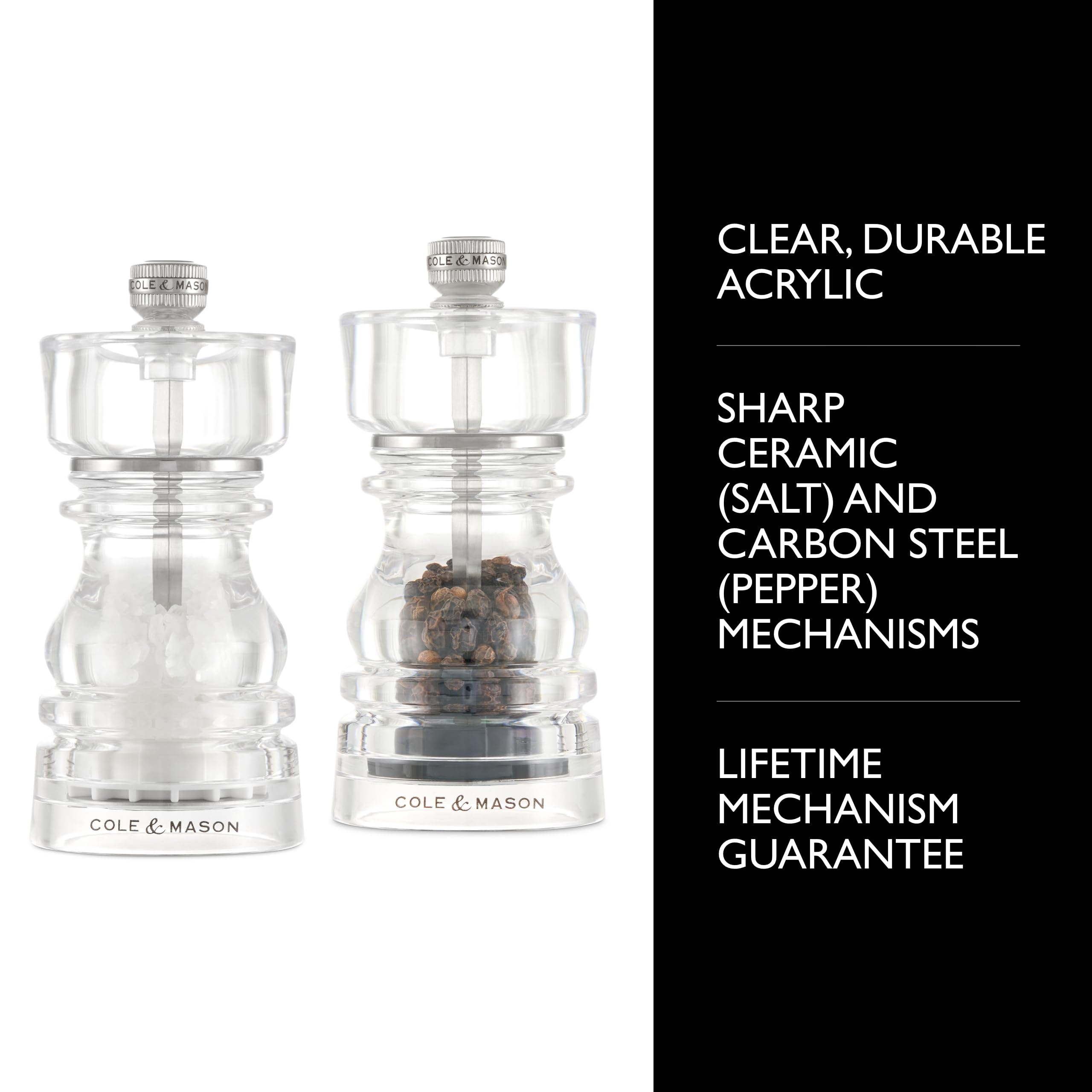 Cole & Mason London Acrylic Salt and Pepper Mill Set, 13cm Salt and Pepper Grinder Set including Adjustable Grind - Image 2