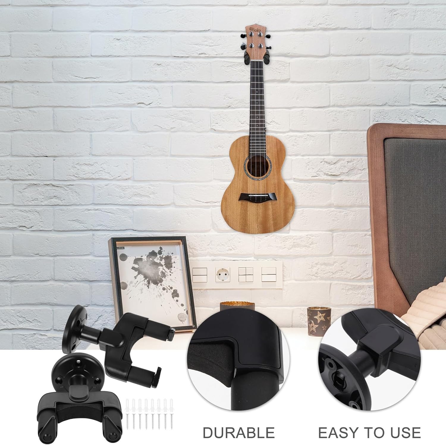 2 Sets Guitar Hanger Wall Mounted Ukulele Support Bracket with Anti-Drop Buckle Design, Iron and Eva Sponge Material, Space Saving Wall Mount for Ukulele and Basses