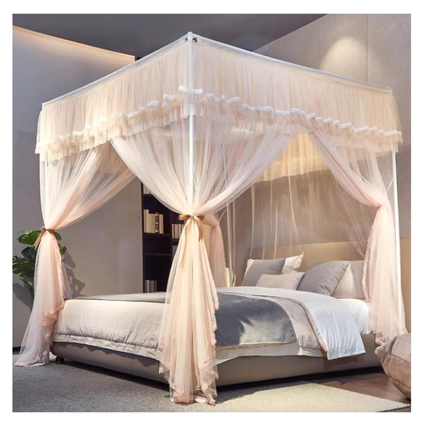 Generico Zanzariera a baldacchino Beige con Volant per Letto, Design Aperto su 3 Lati, tendaggi per Camera da Letto, L 78,7" x A 59,1", Elegante Protezione dagli Insetti e Decorazione