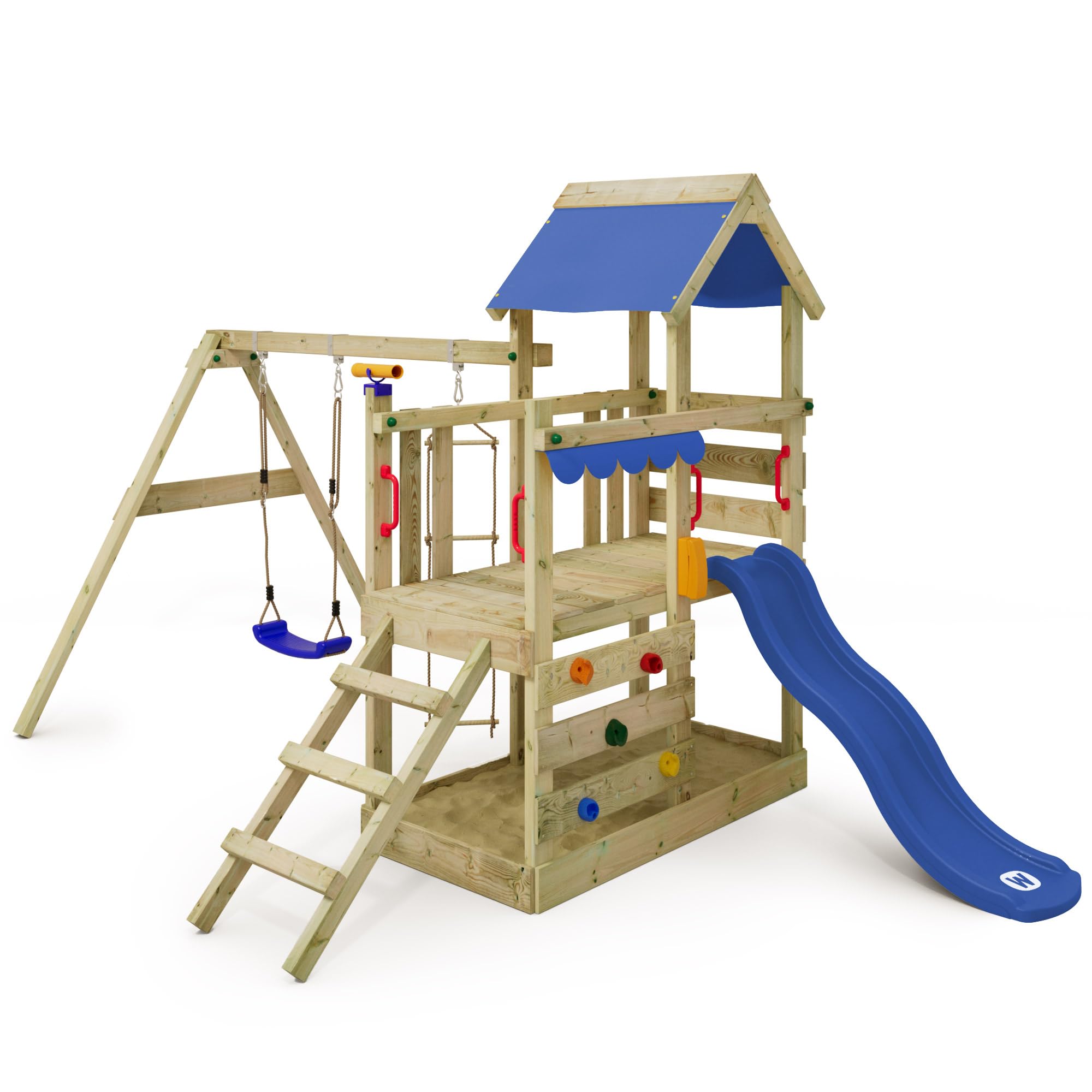 WICKEY Parque infantil de Escalada TurboFlyer con Columpio y Tobogán Azul, Torre de Escalada para Niños al Aire Libre con Arenero, Escalera y Accesorios de Juego para el Jardín