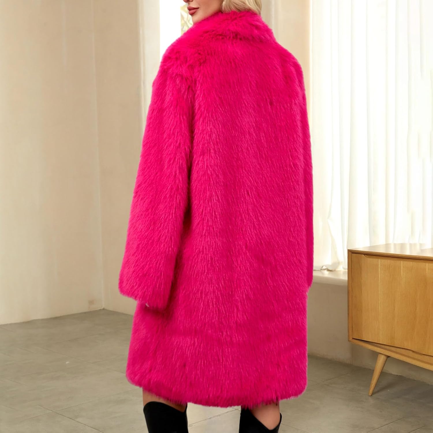 Womens Long Faux Fur Coats Fluffy Faux Fur Jacket Long Sleeve Lapel Collar Furry Coats Fuzzy Winter Warm Jacket