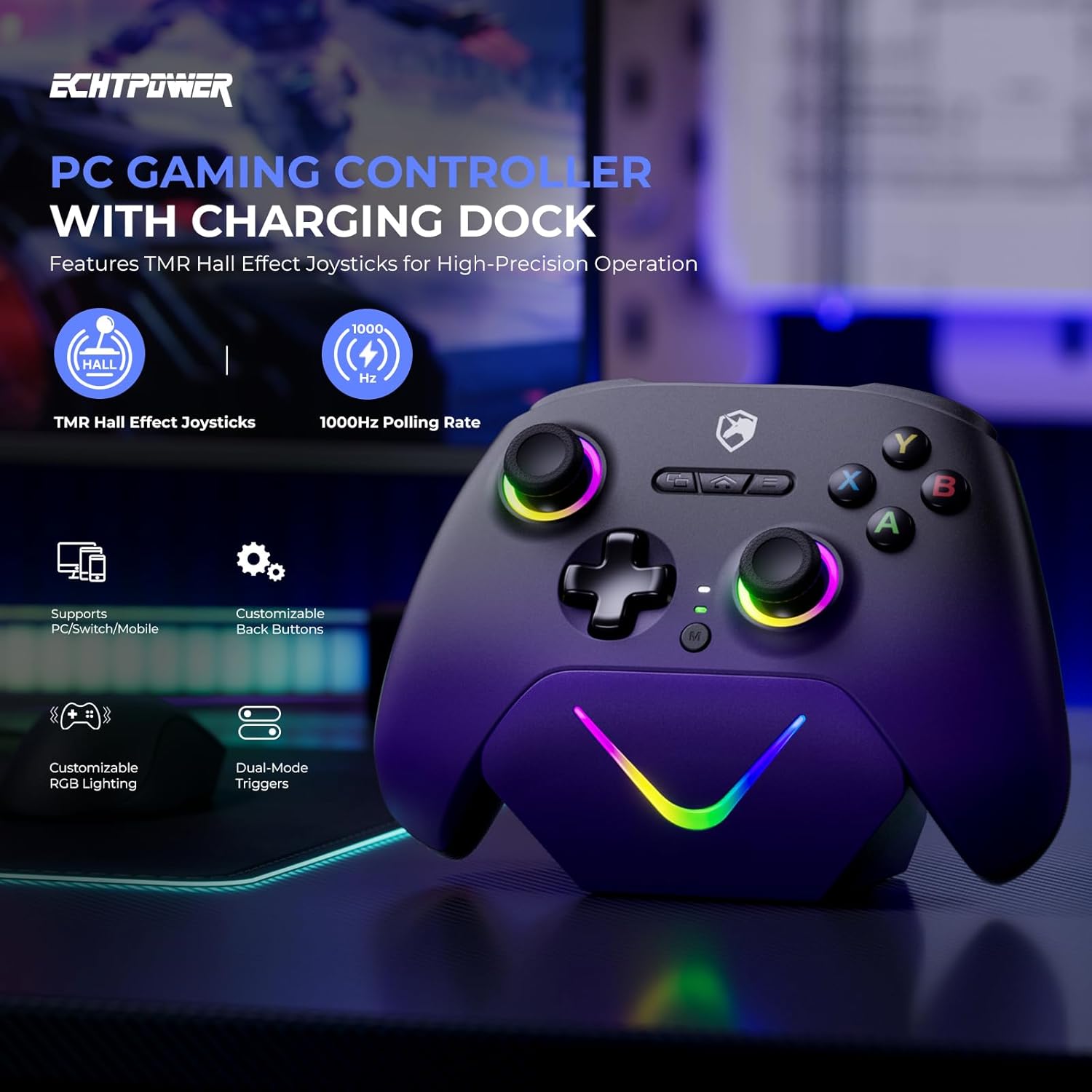 ECHTPower Upgrated PC Gaming Controller TMR Hall Effect Joysticks Anti-Drift & Dual Triggers, 1000Hz Polling Rate, Turbo & Vibration, Programmable Buttons for PC/Switch/Switch 2/iOS/Android with Charging Dock - Image 2