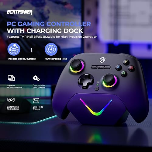 Miniatura 2 de ECHTPower Upgrated PC Gaming Controller TMR Hall Effect Joysticks Anti-Drift & Dual Triggers, 1000Hz Polling Rate, Turbo & Vibration, Programmable