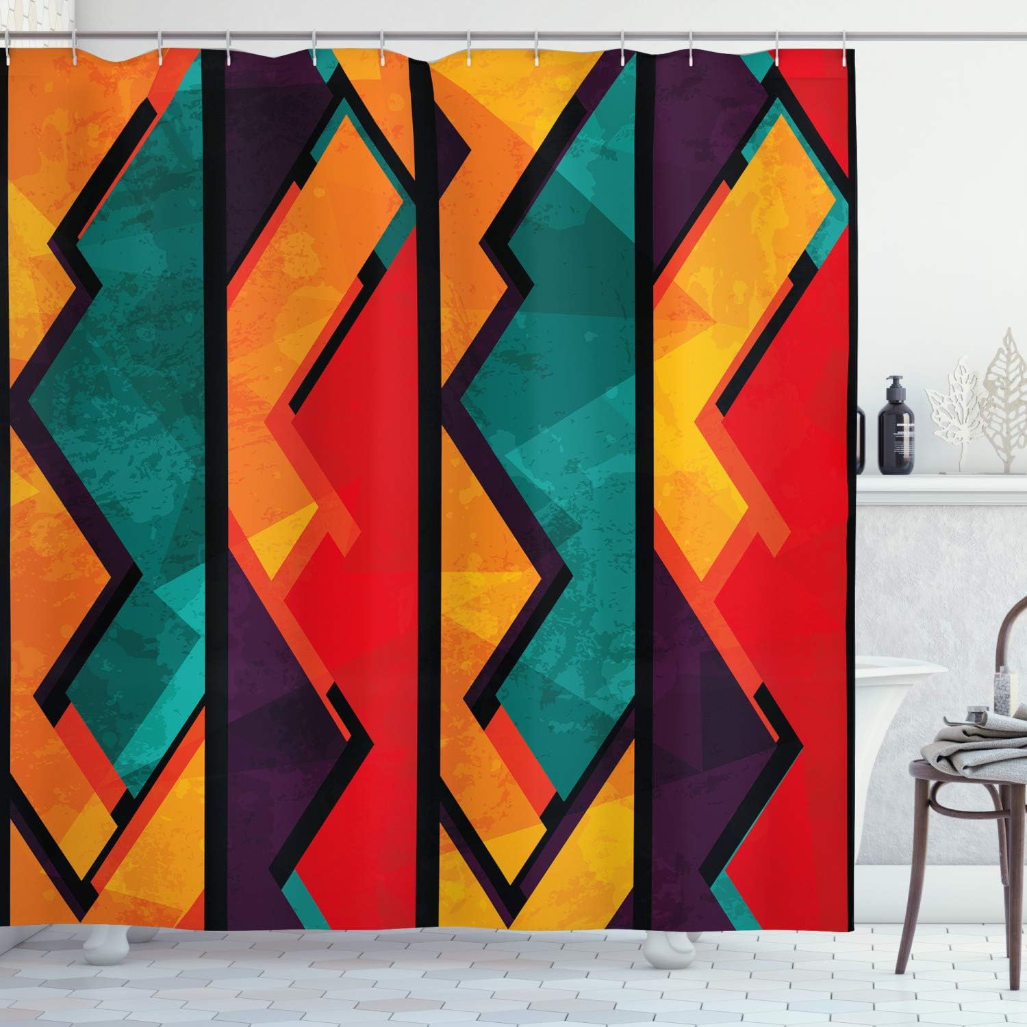 Ambesonne Modern Shower Curtain, Geometric Contemporary Art Design Black Bold Zig Zag Borders Pattern, Cloth Fabric Bathroom Decor Set with Hooks, 69" W x 84" L, Teal Orange Marigold